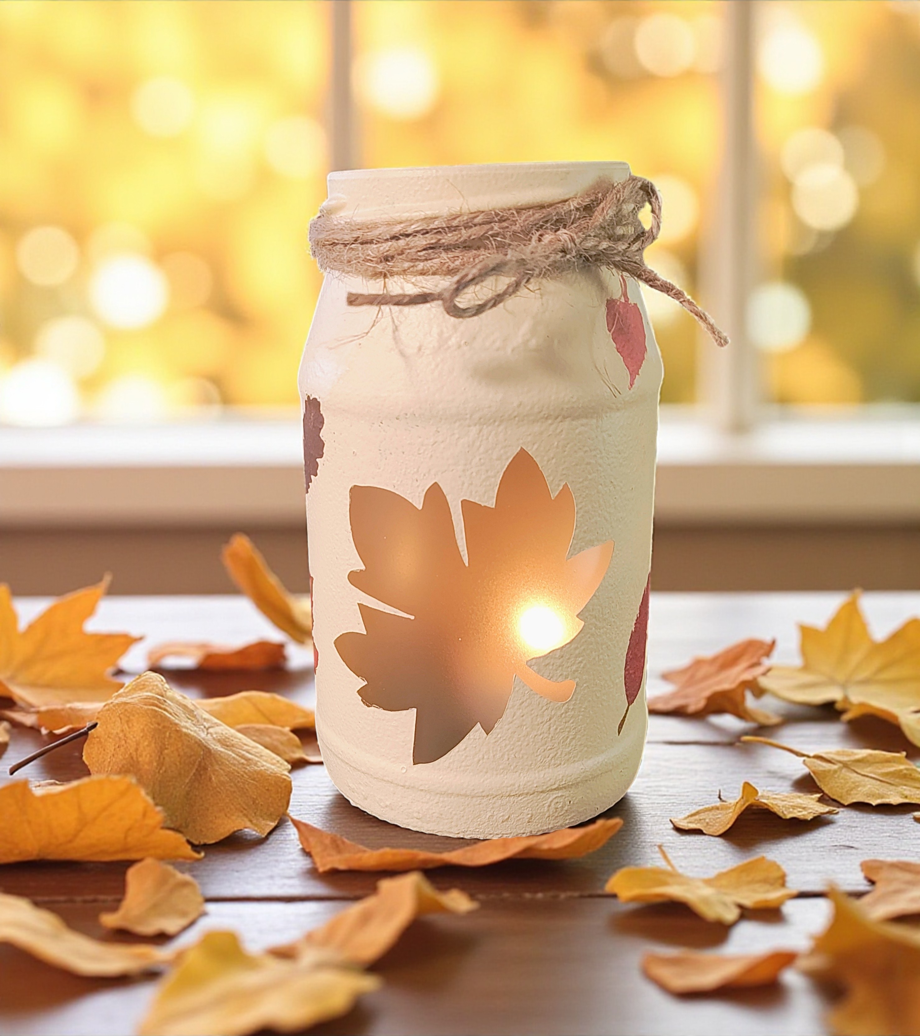 Hand Painted Autumn Leaves Glass Jar Tealight Candle Holder
