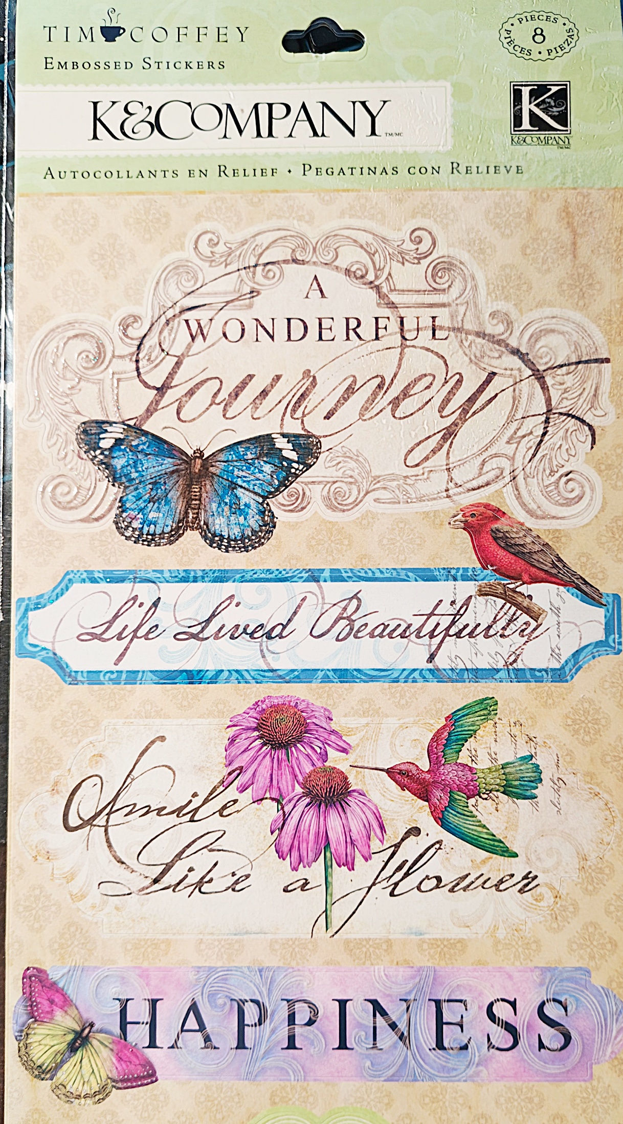 K&Company Tim Coffey Embossed Phrase Stickers – “A Wonderful Journey” Collection, 8 Pieces