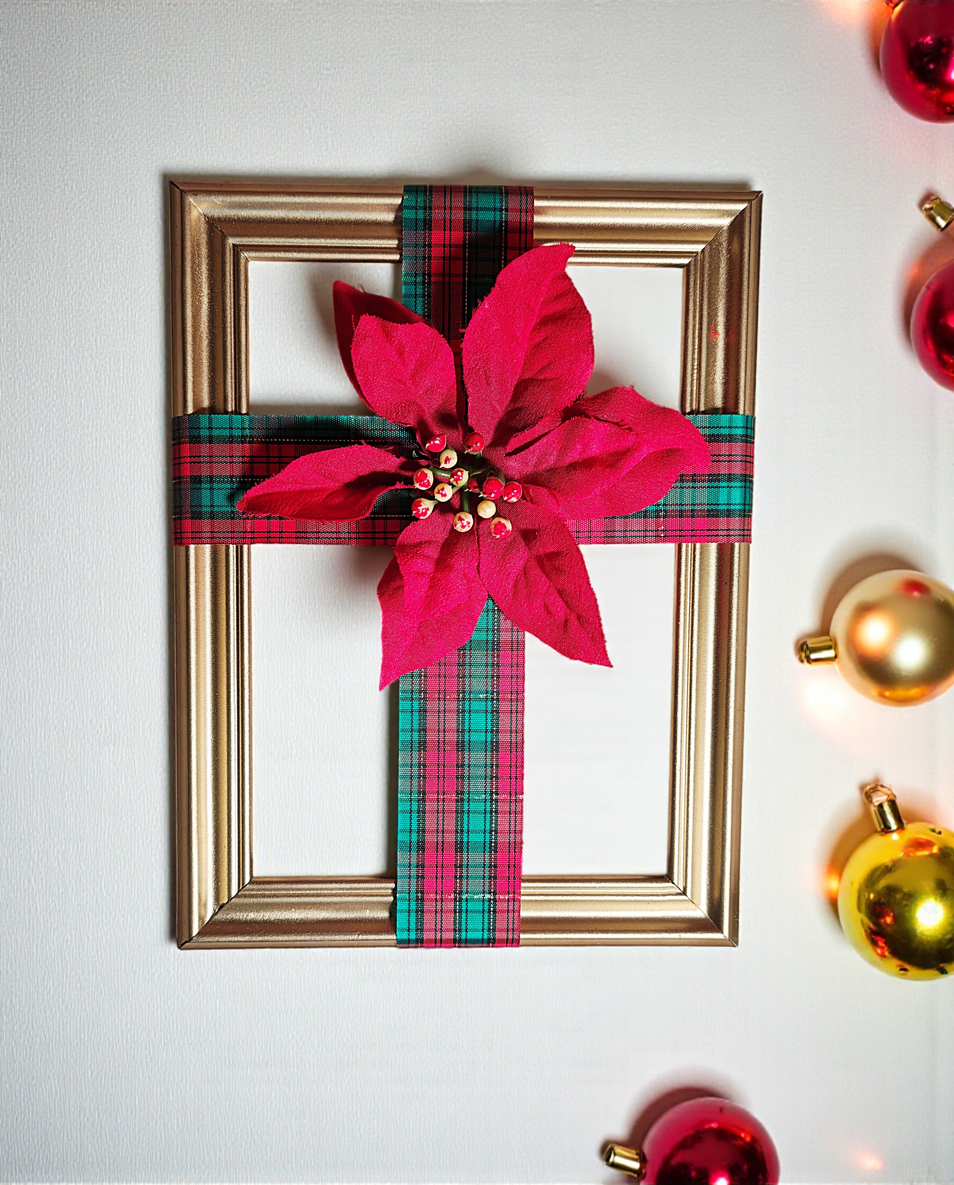 Gold Christmas Ribbon Cross Frame Wall Hanging with Poinsettia