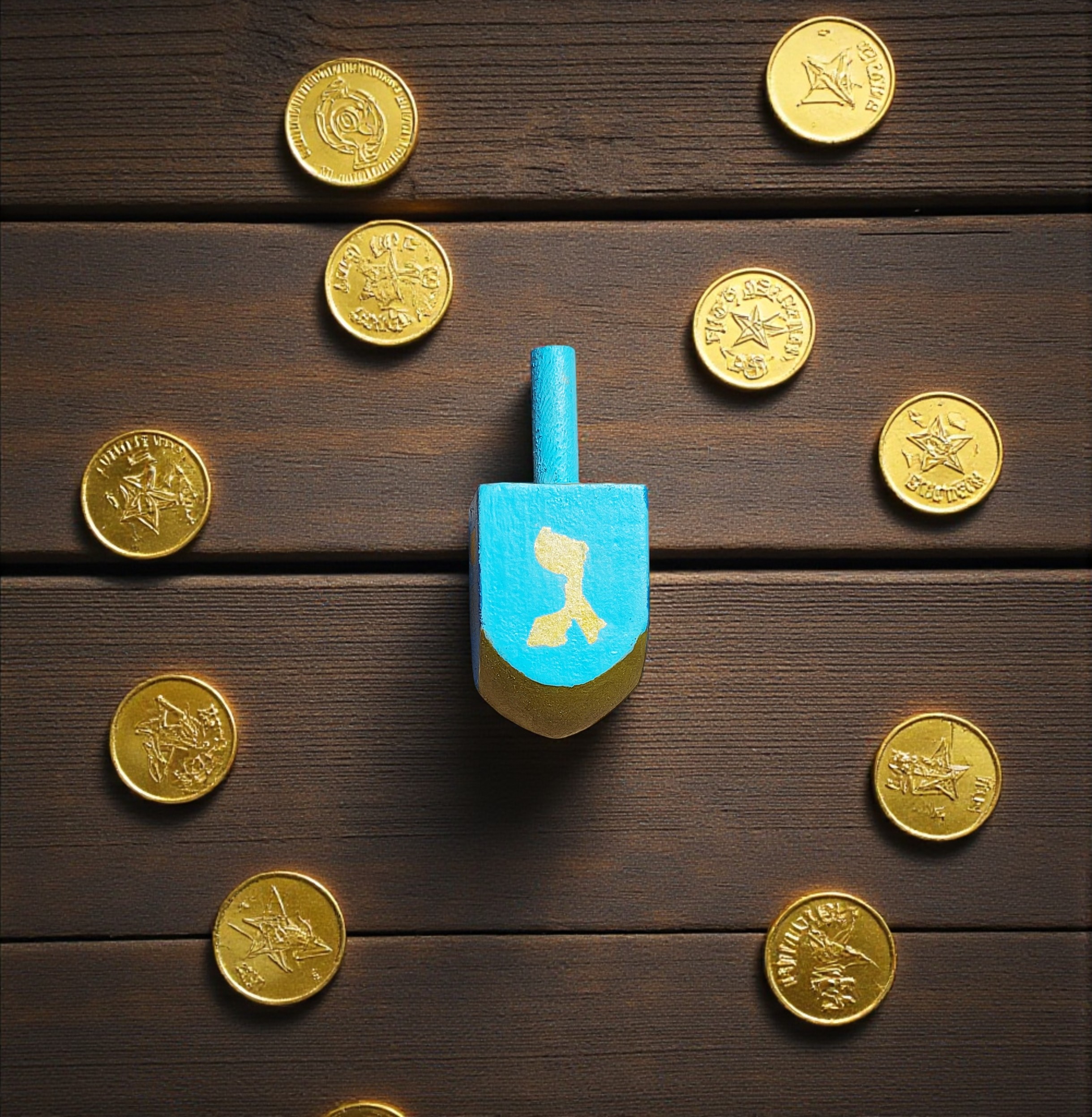 Hand Painted Wooden Blue & Gold Hanukkah Dreidel Game