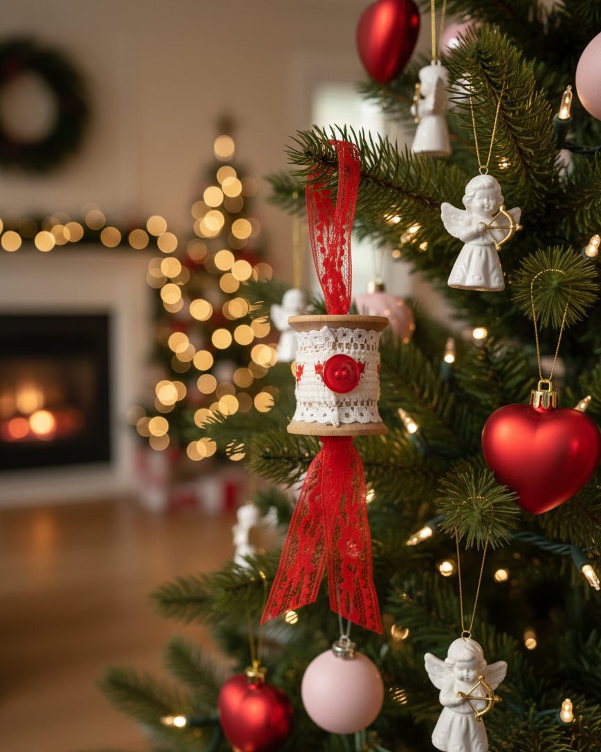 Romantic Rustic Wooden Lace Heart Spool Ornament 