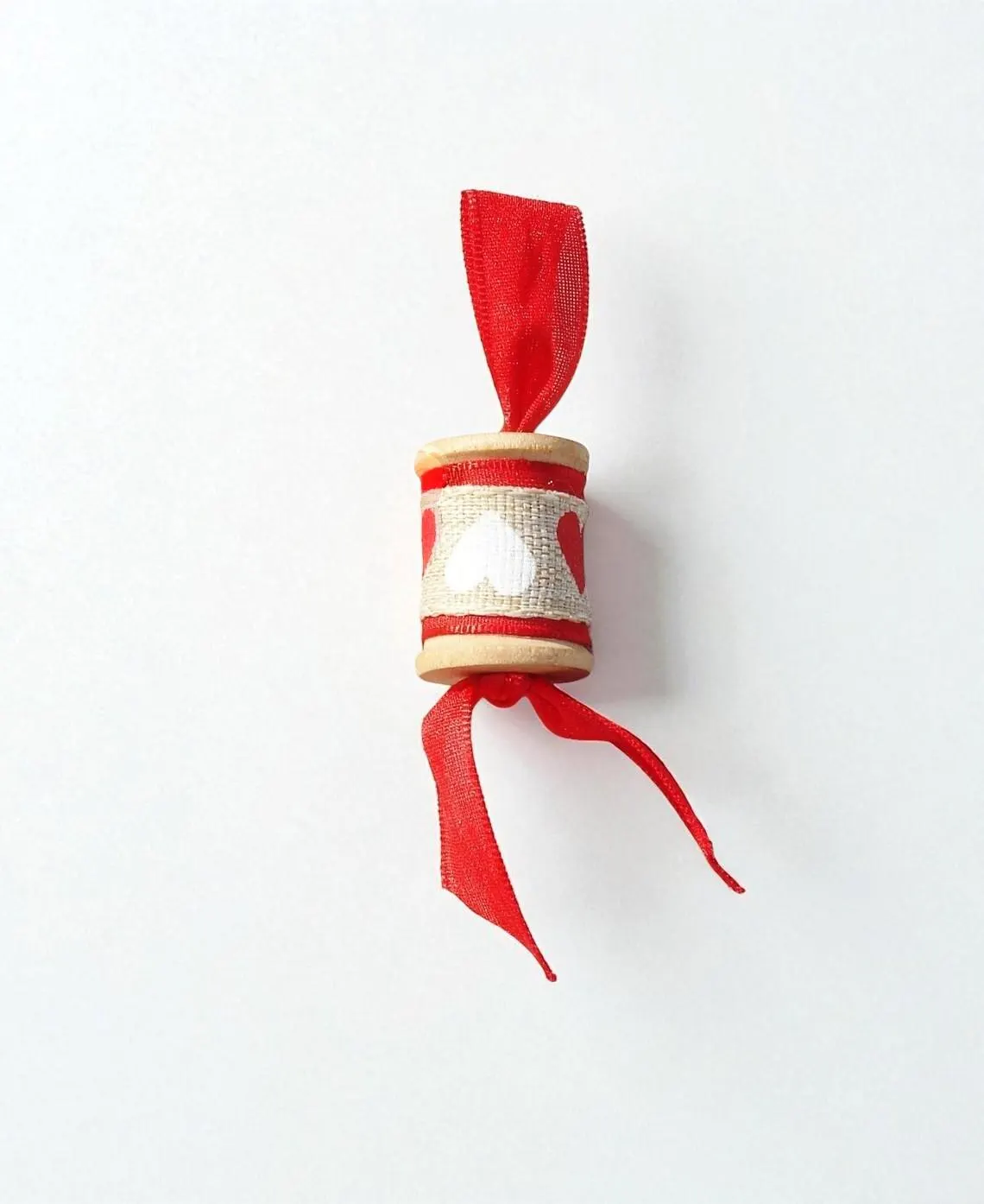 Wooden Decorative Red & White Heart Spool Ornament 