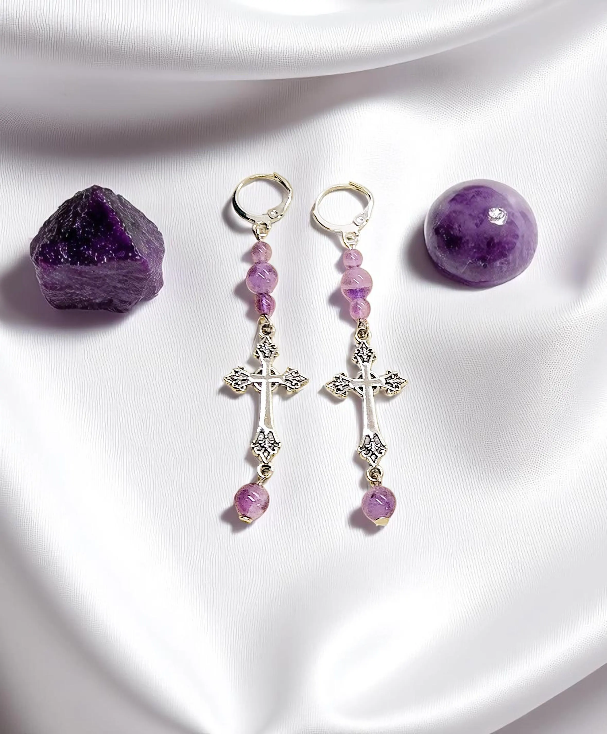 Religious Christian Amethyst Gemstone Cross Dangle Earrings with Lever Backs