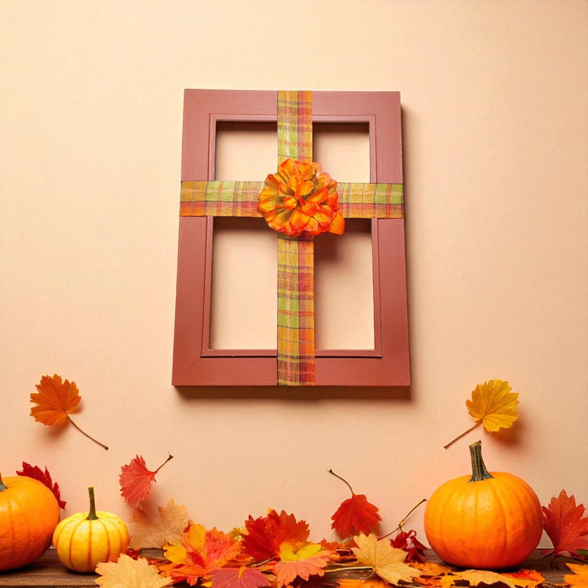 Fall Ribbon Cross Frame Wall Hanging