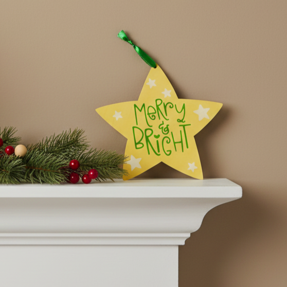 Wooden Yellow Merry & Bright Star Shaped Sign 