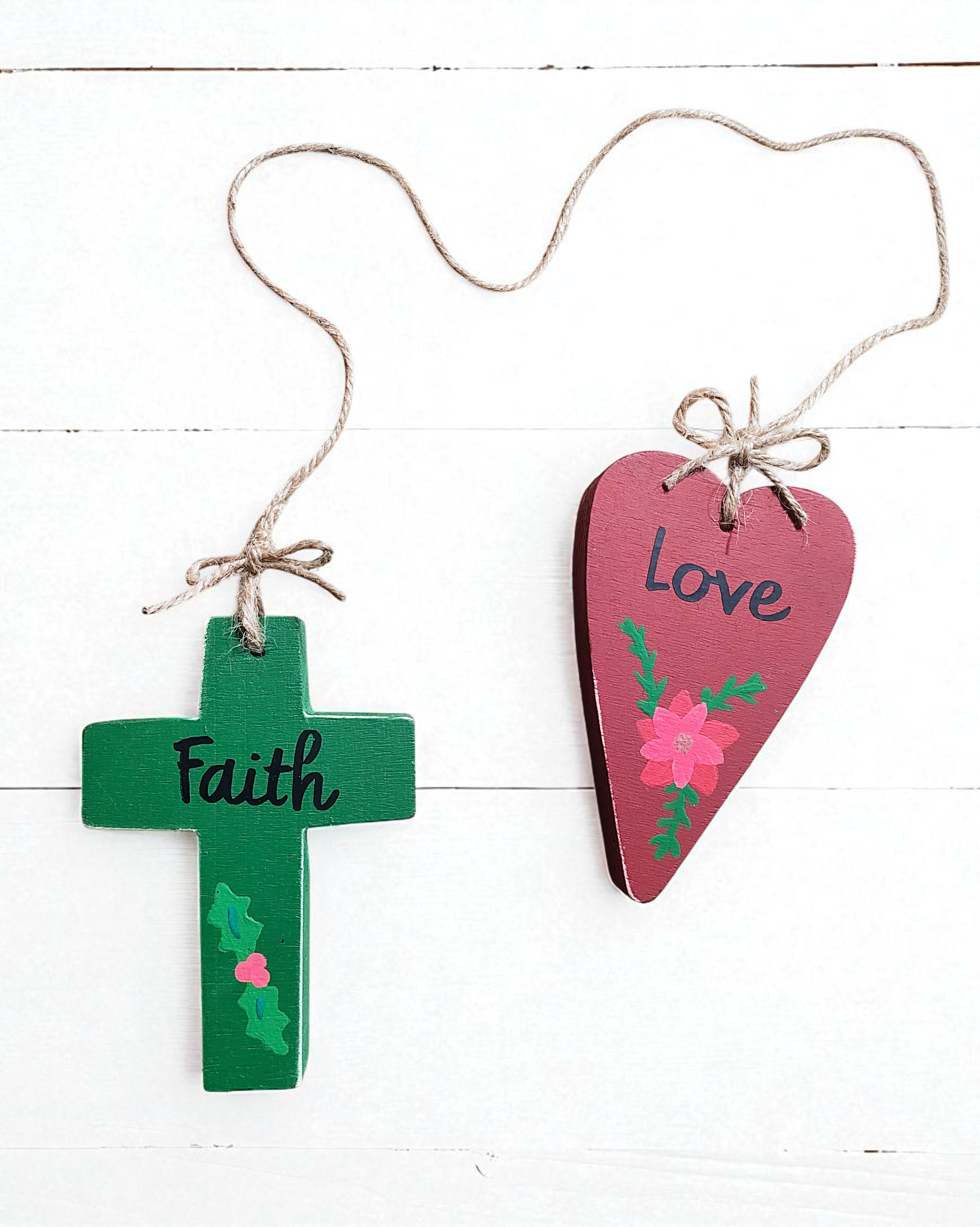 Wooden Faith Cross & Love Heart Decorative Ornament