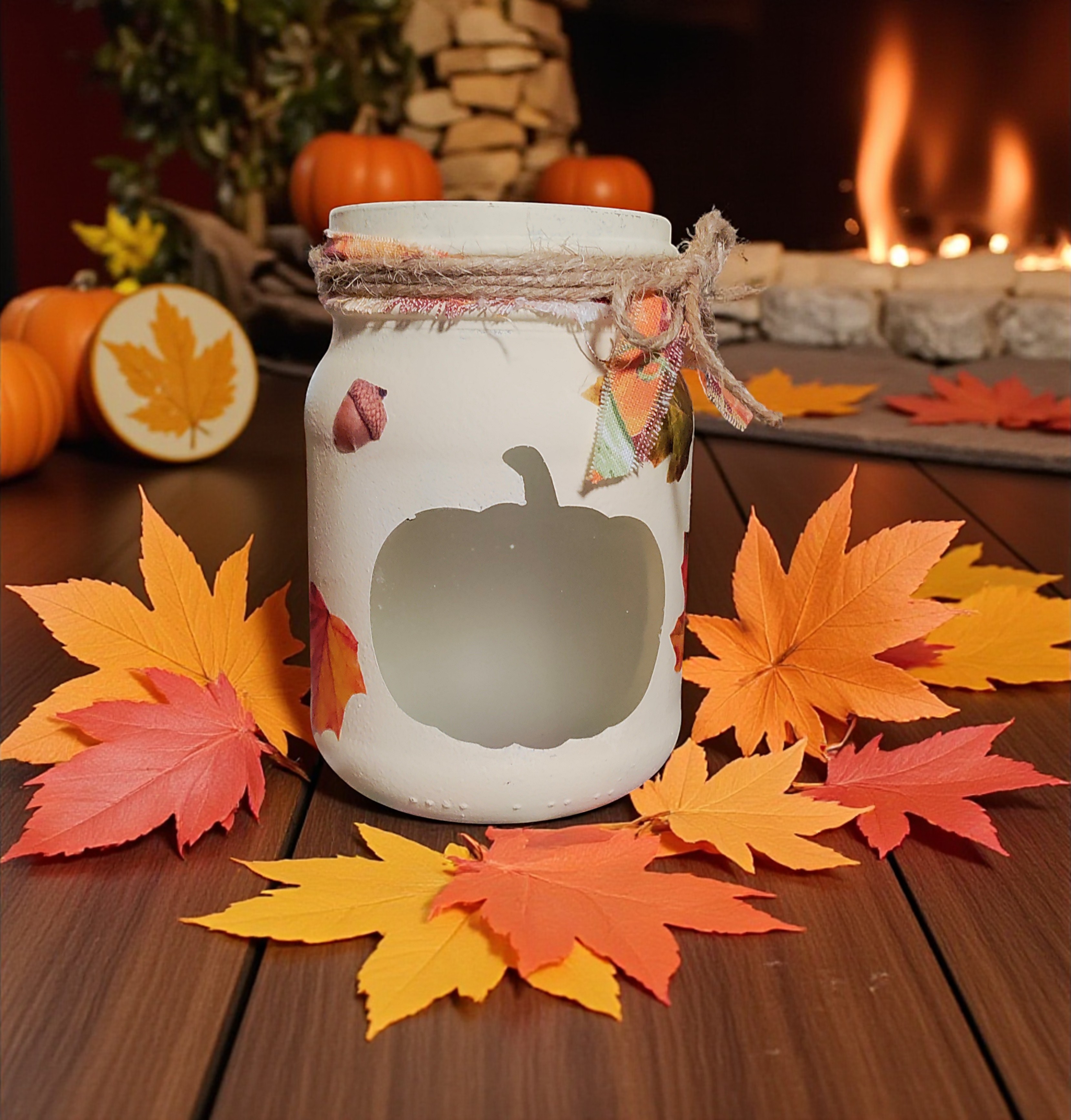 Pumpkin & Autumn Leaves Glass Jar Tealight Candle Holder