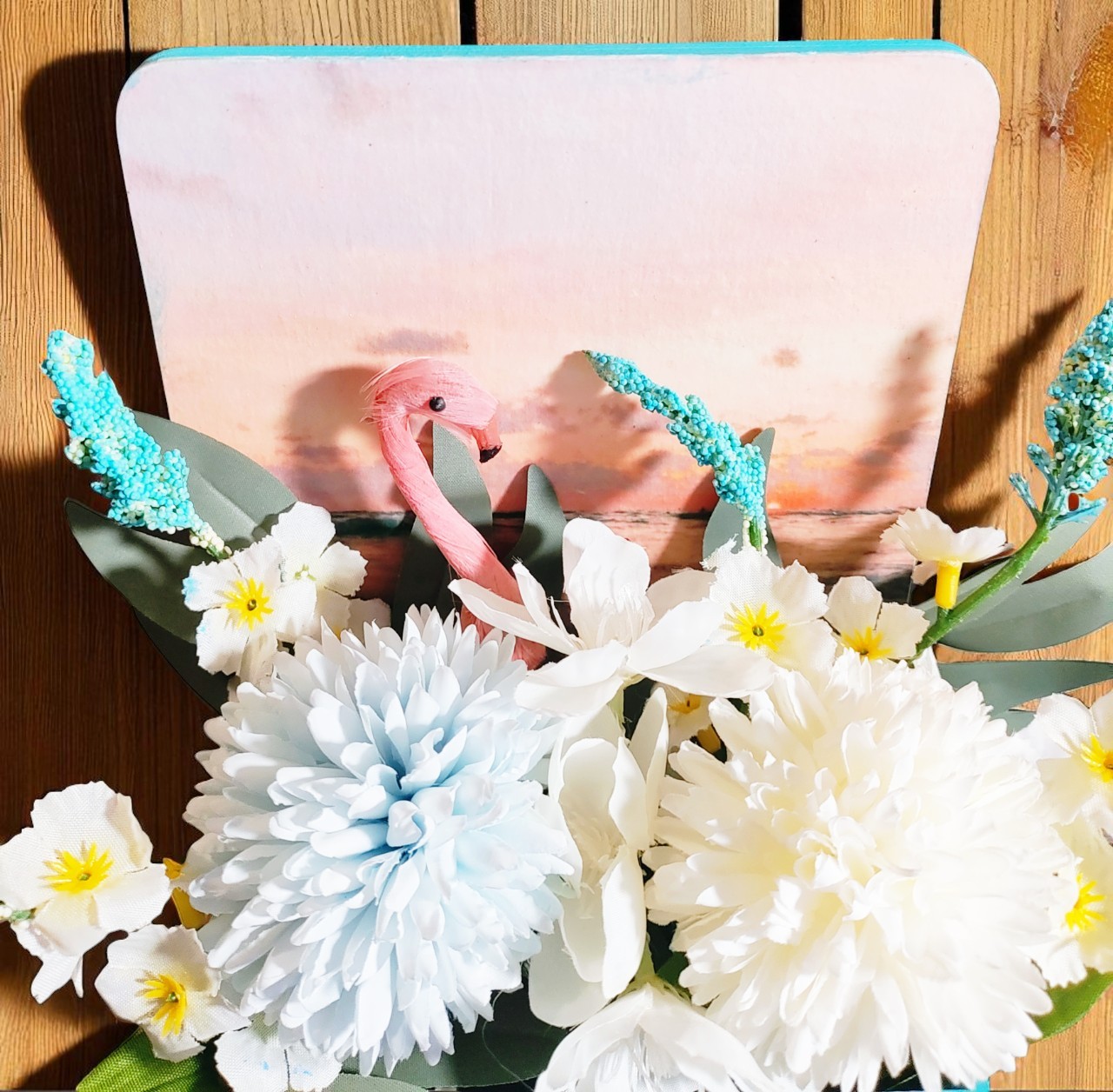 Summer Artificial Flower Arrangement in Wooden Decoupaged Planter
