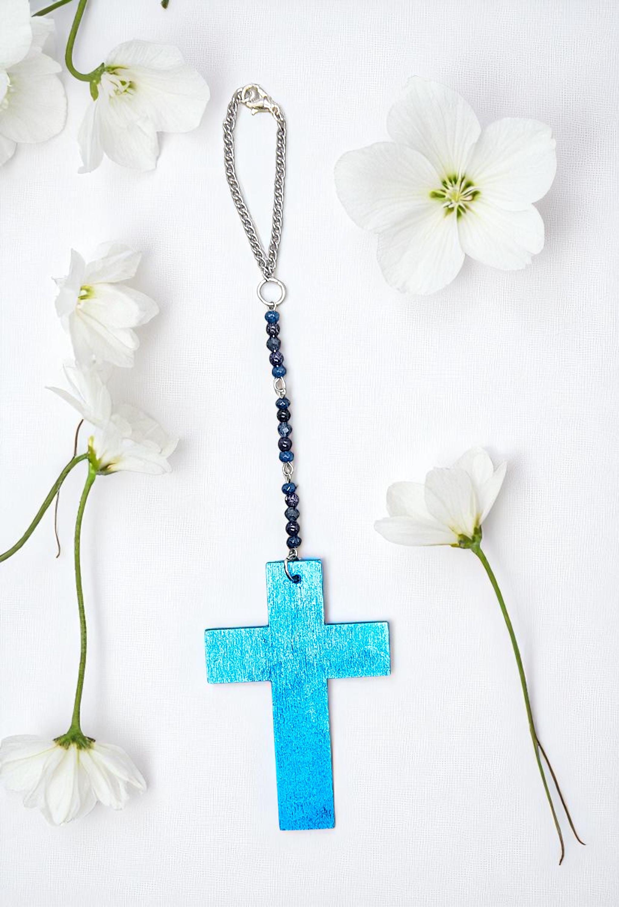 Wooden Blue Christian Cross & Gemstone Hanging Rearview Mirror Car Charm 