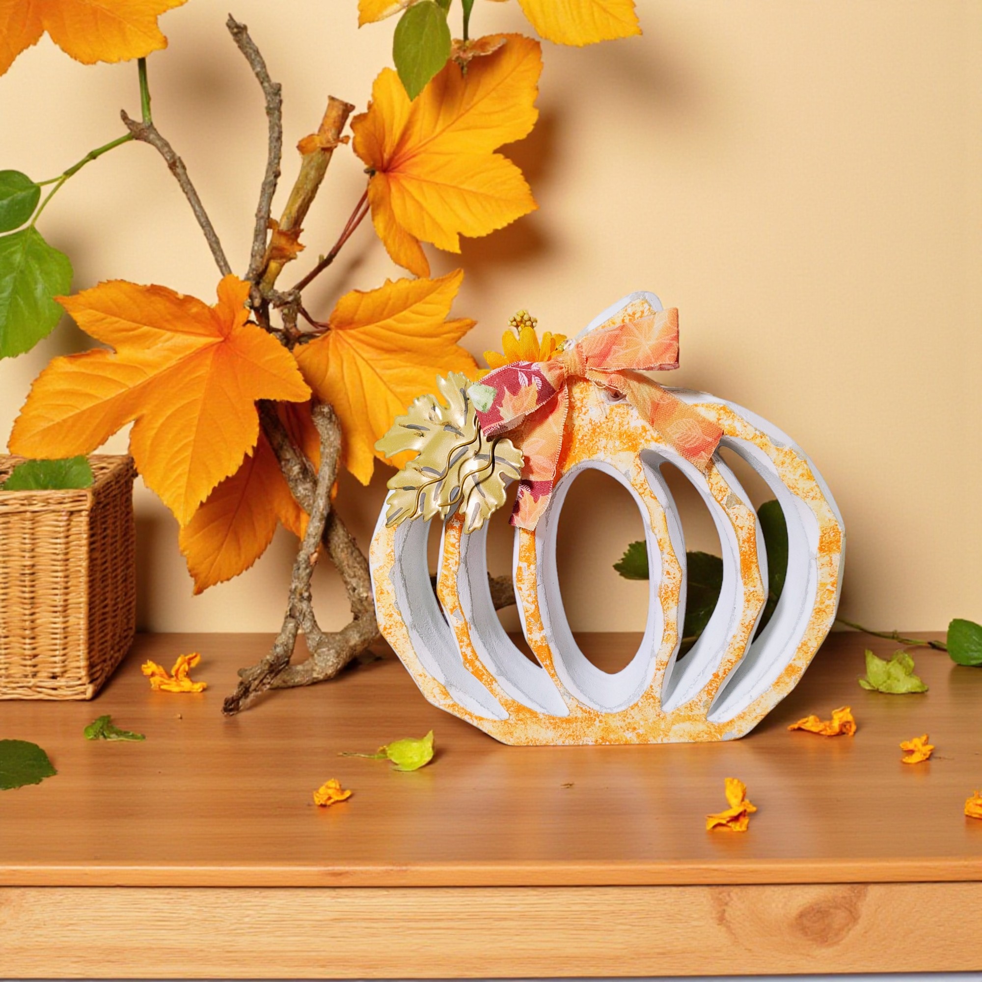 Harvest Orange Wood Pumpkin Decoration
