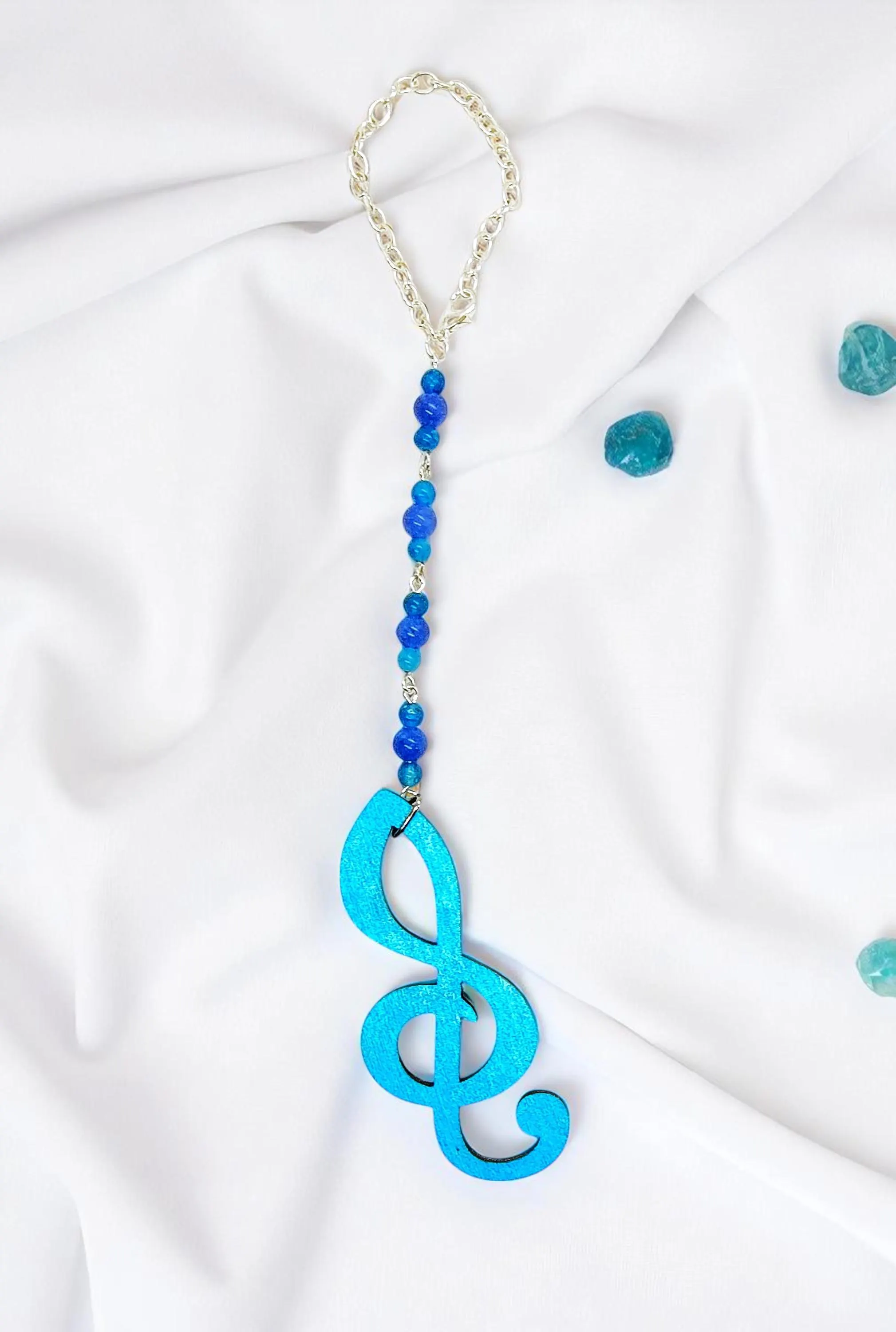 Wooden Music Treble Clef and Blue Kyanite Gemstone Rear View Mirror Car Charm