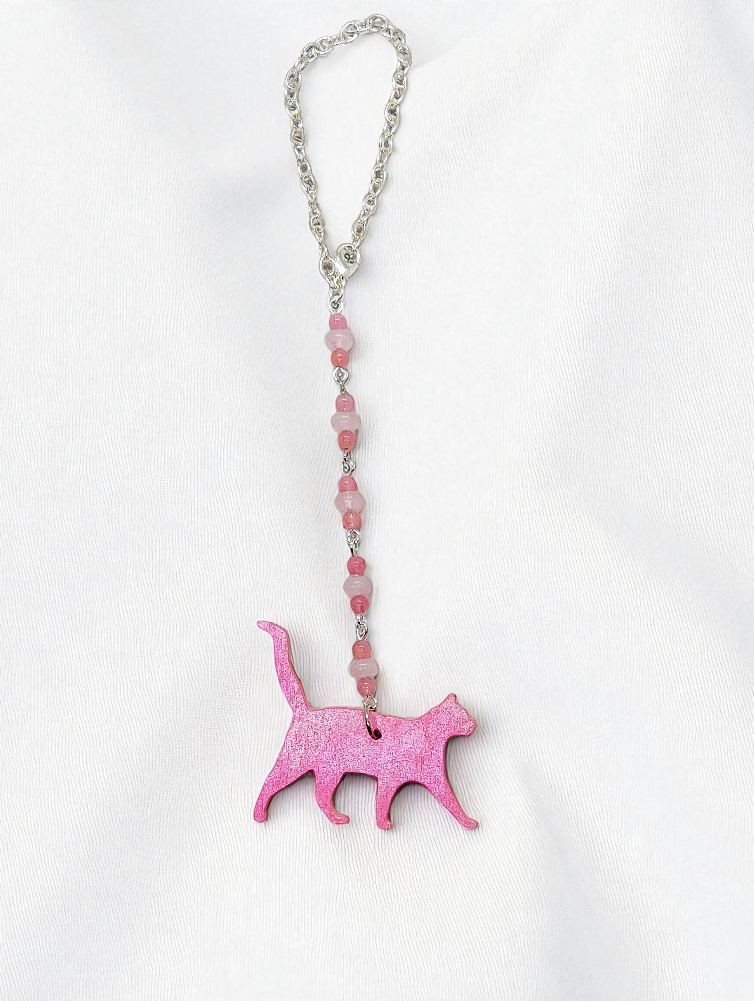 Pink Cat Beaded Gemstone Hanging Rearview Mirror Car Charm