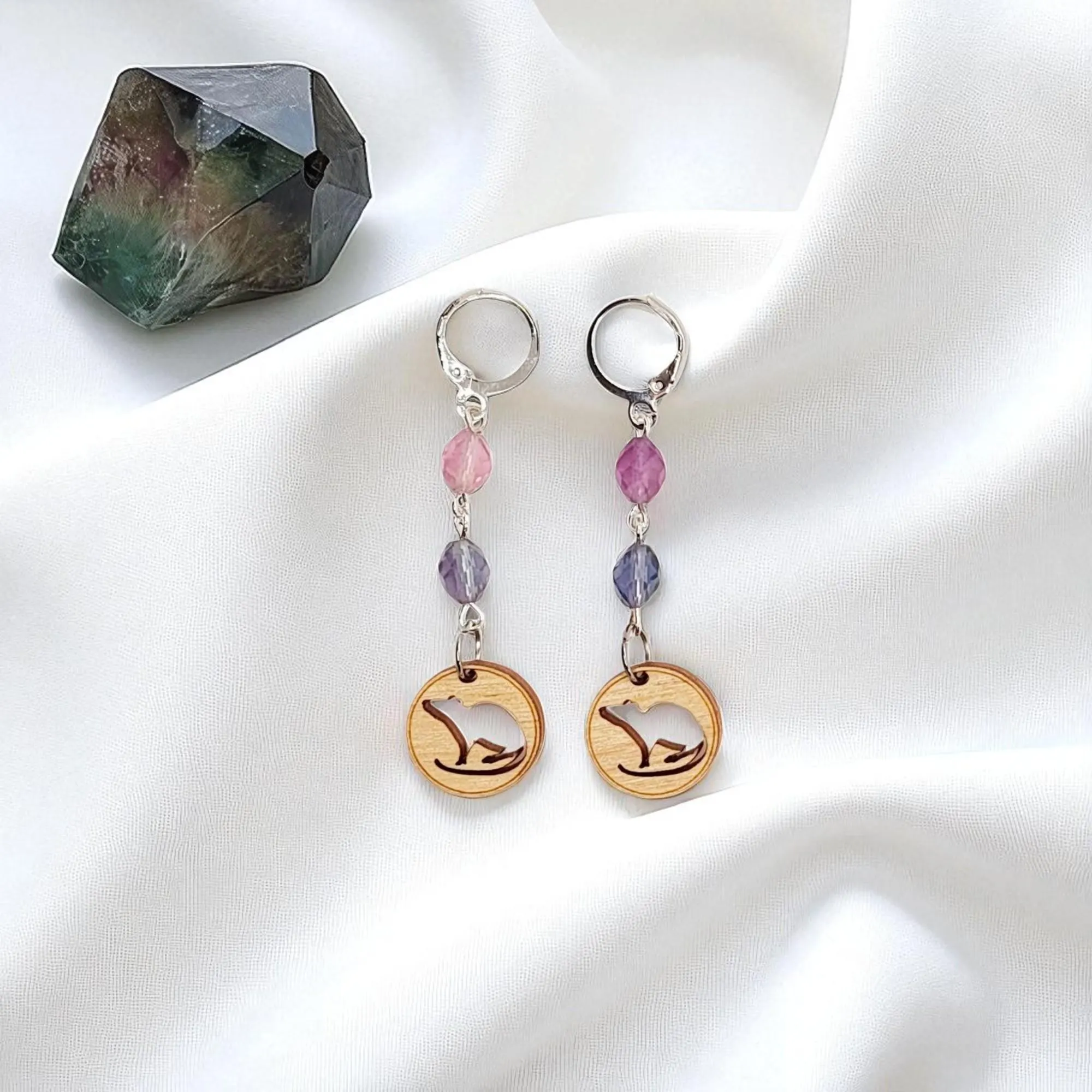 Handcrafted Cute Rat Silhouette Wooden Charm & Fluorite Gemstone Dangle Earrings