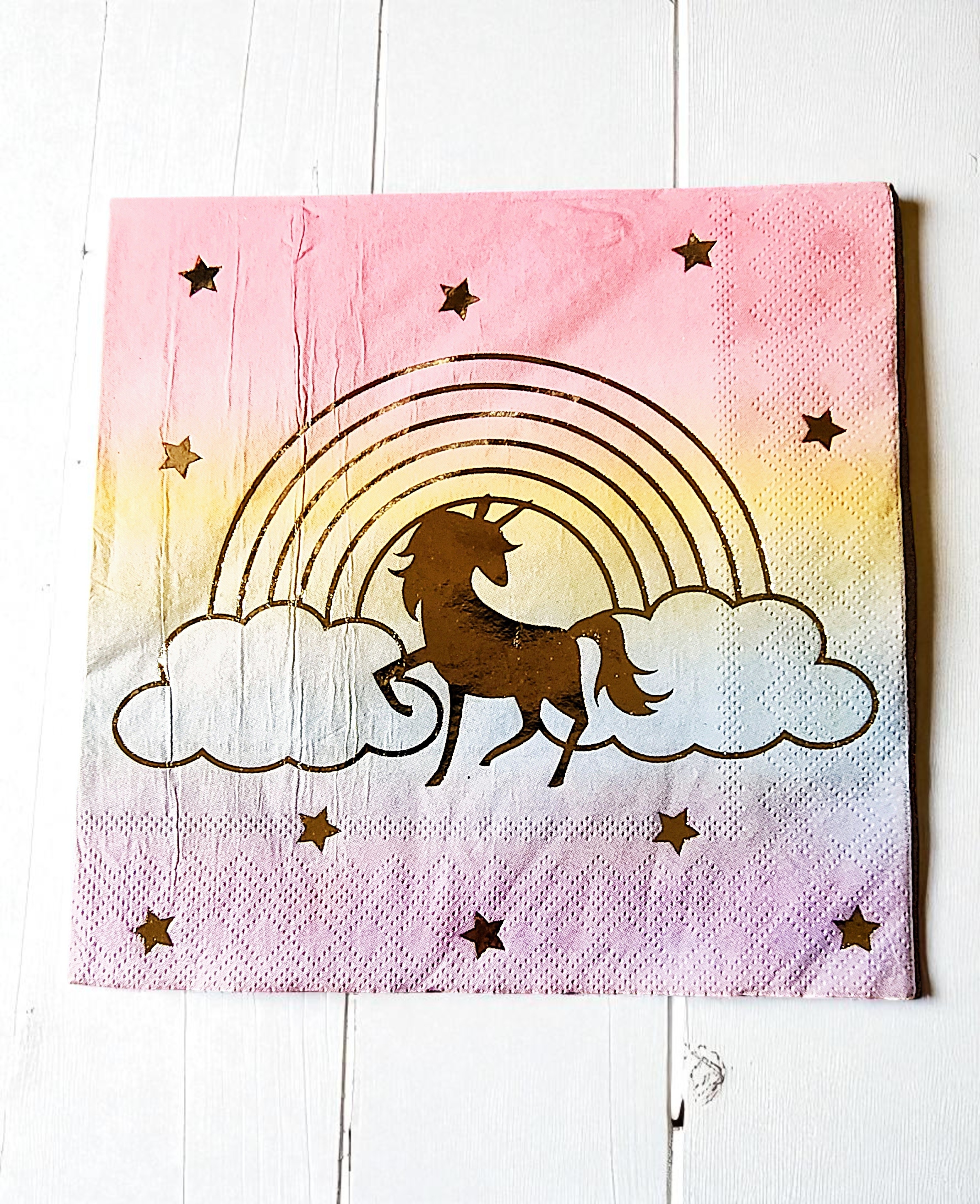 Gold Foil Unicorn and Rainbow Napkins for Decoupage 6 pc
