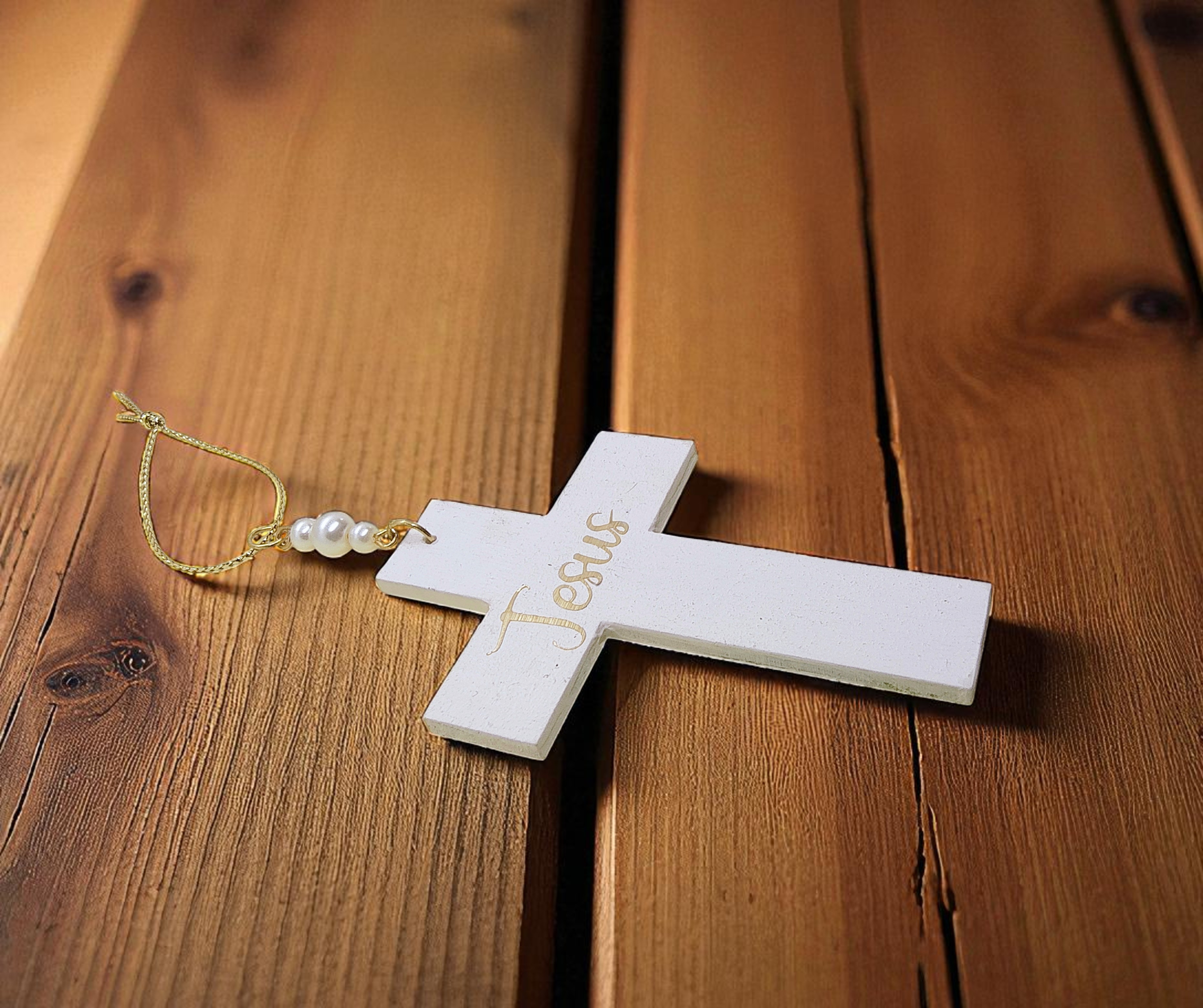 Christian Jesus Cross Pearl White and Gold Holiday Tree Ornament