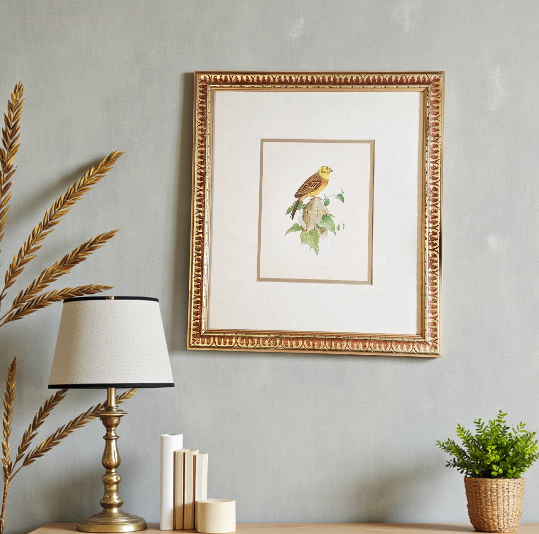 Large Vintage Gold Framed Yellowhammer Bird Matted Print Wall Decor