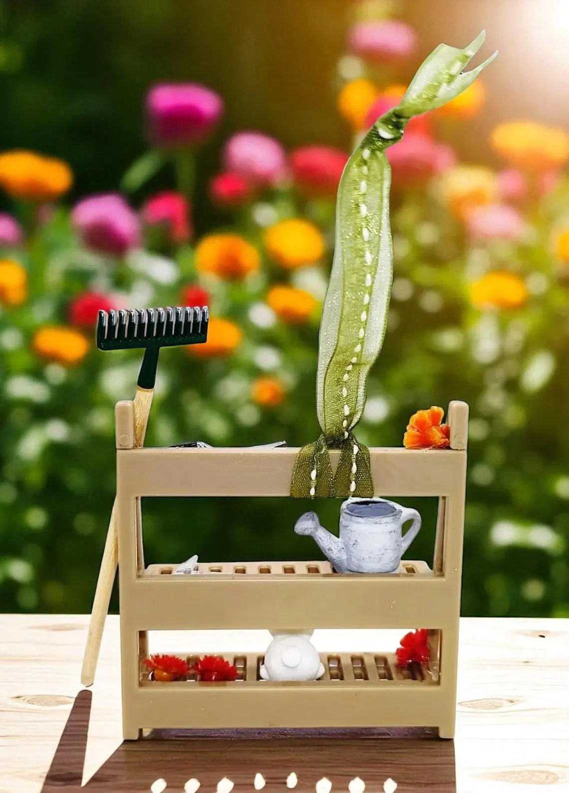 Miniature Garden Shelf Ornament with Garden Tools