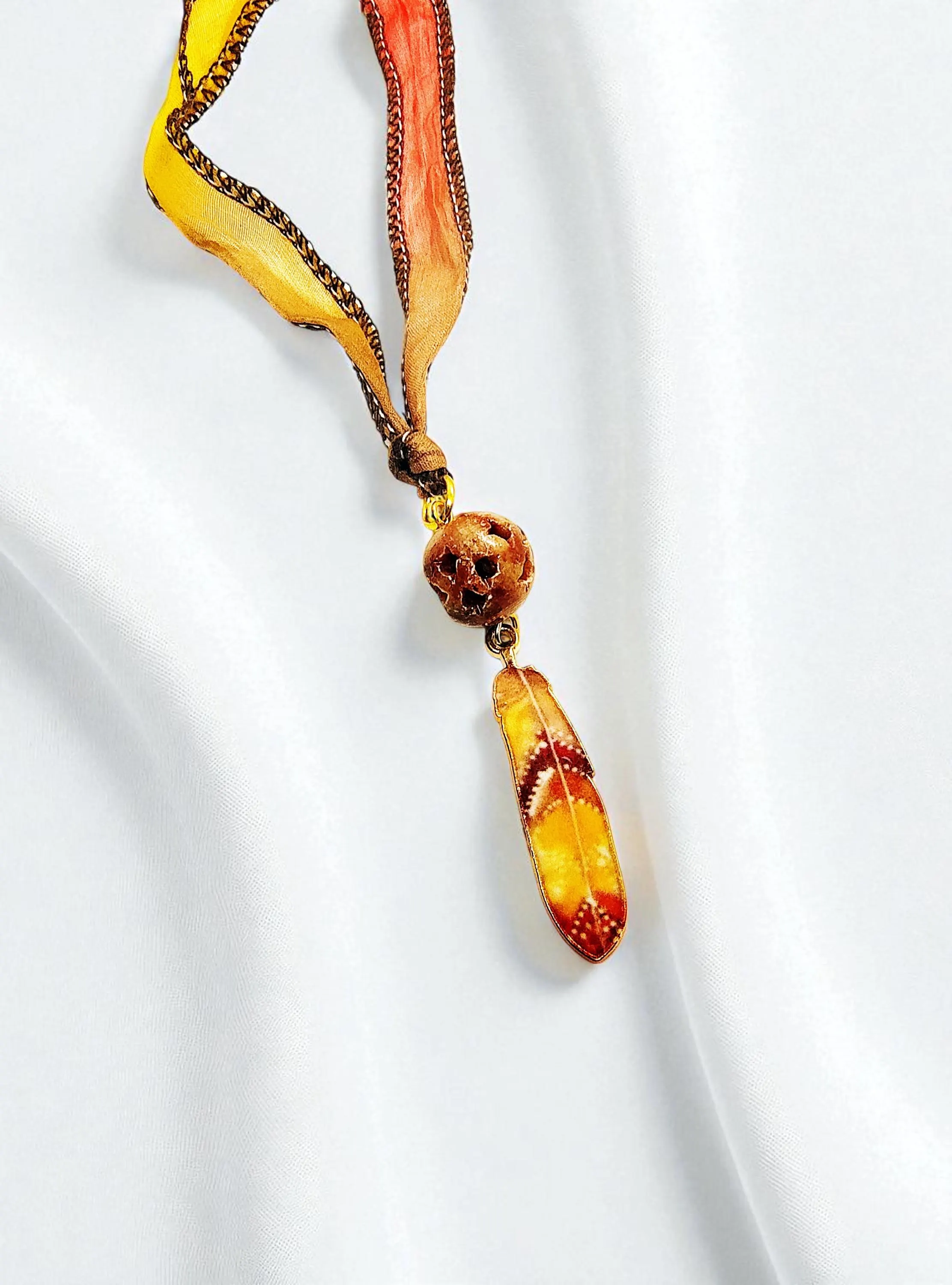 Handmade Carved Gemstone & Feather Multi Layered Silk Wrap Ribbon Bracelet 