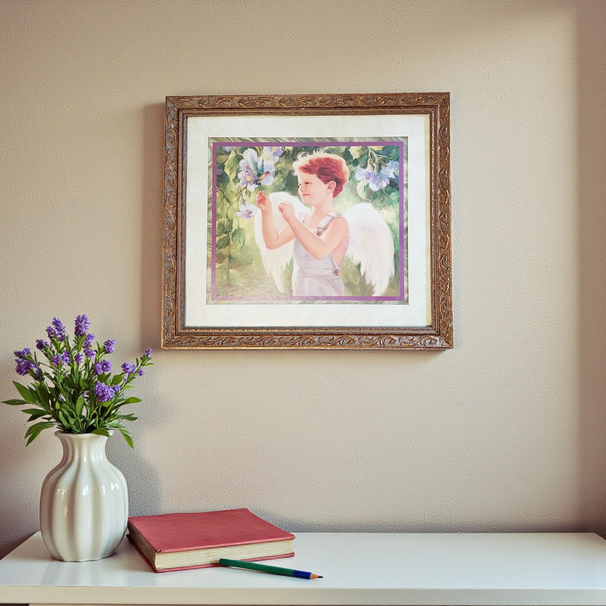 Vintage Gold Framed Boy Angel With Hummingbird Matted Print Wall Hanging