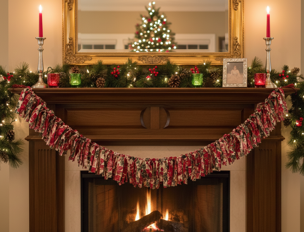 Handmade Christmas Poinsettia Fabric Rag Flag Garland Banner Decoration