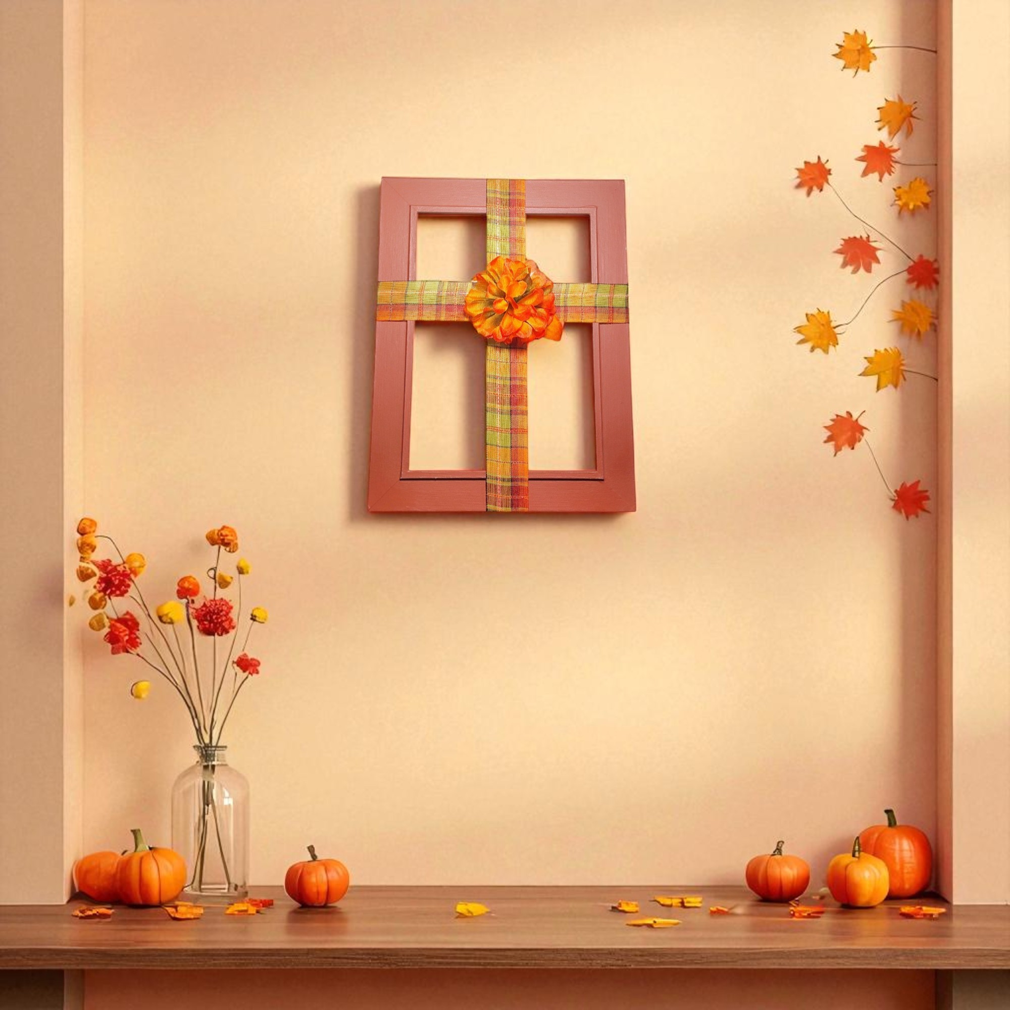 Fall Ribbon Cross Frame Wall Hanging