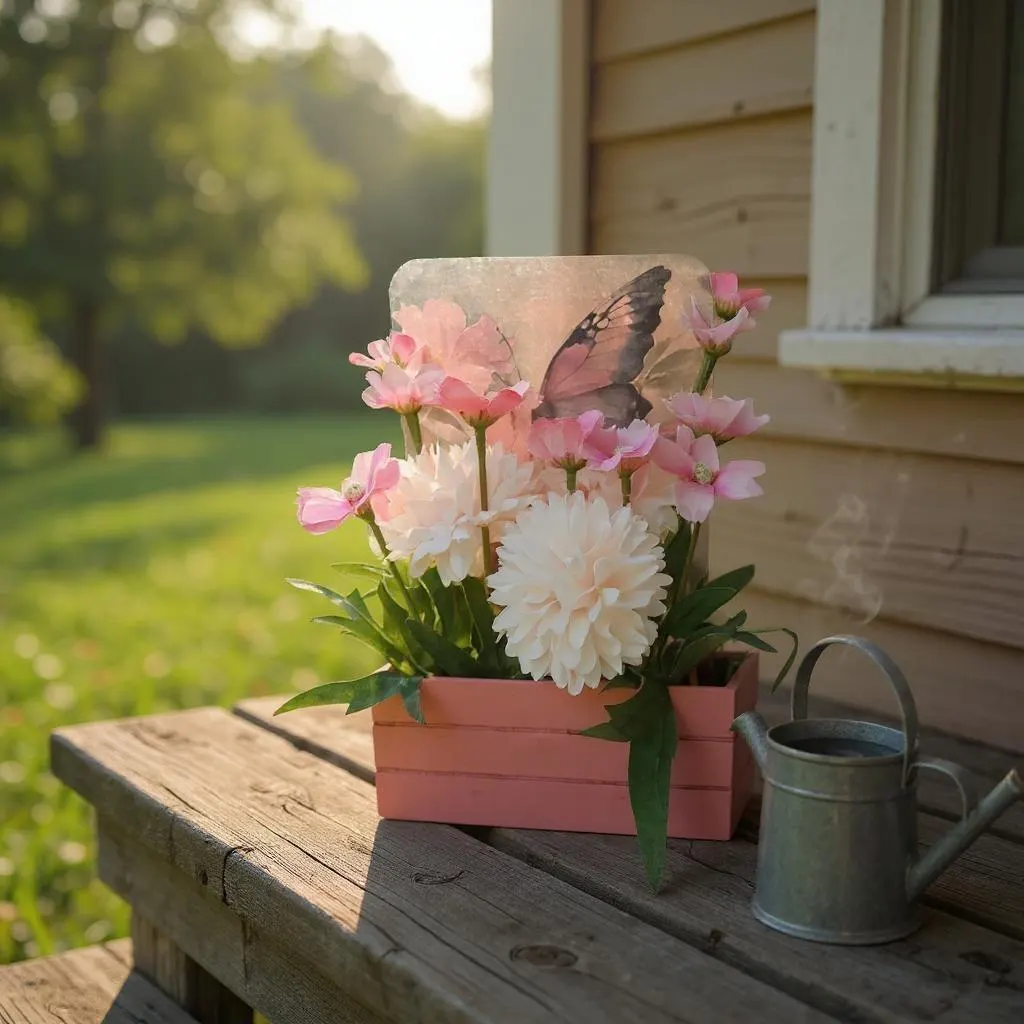 Artificial Flower Arrangement in Wooden Decoupaged Planter 