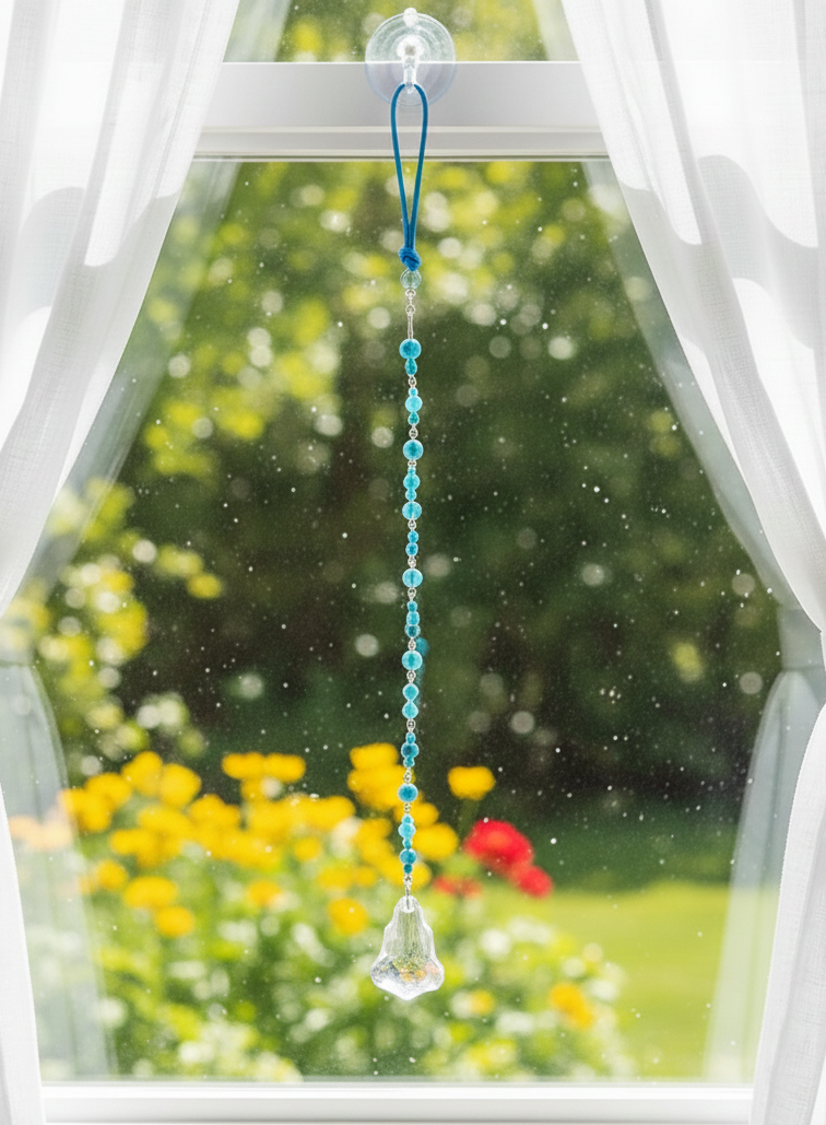 Long Glass Crystal and Blue Gemstone Beaded Suncatcher