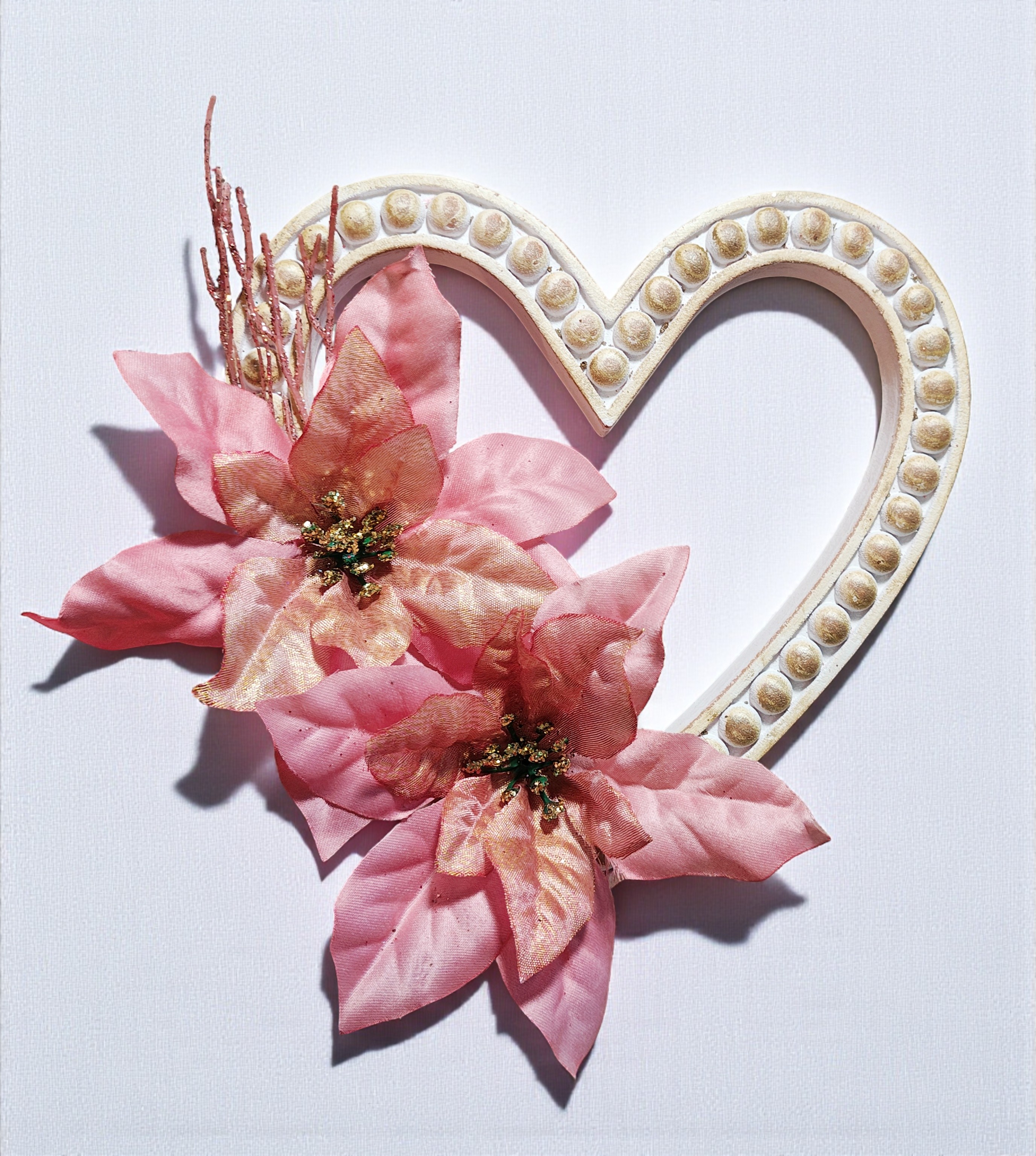 Rustic Christmas Gold & Pink Poinsettia Heart Door Hanger