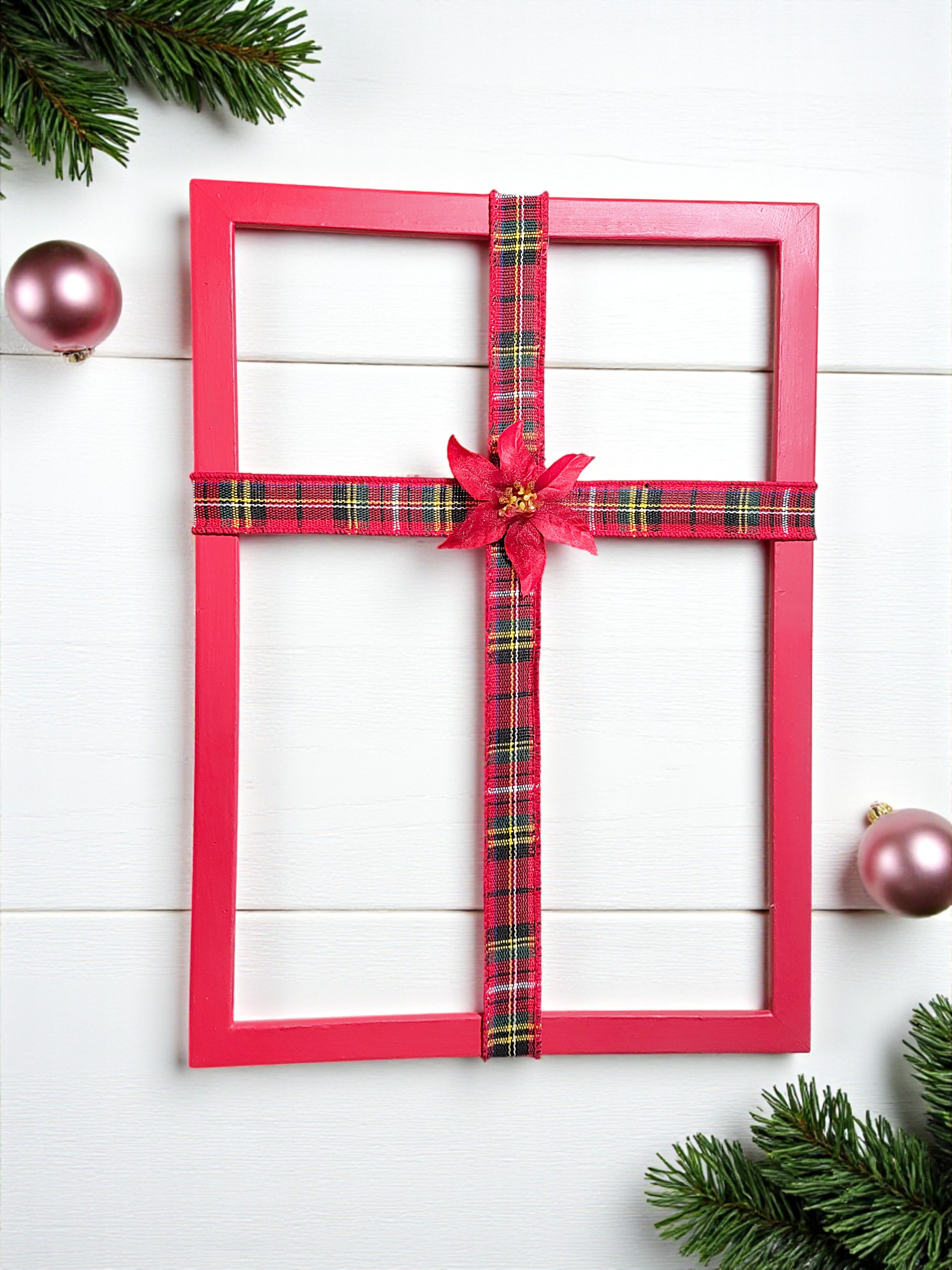 Christmas Ribbon Cross Frame Wall Hanging with Poinsettia