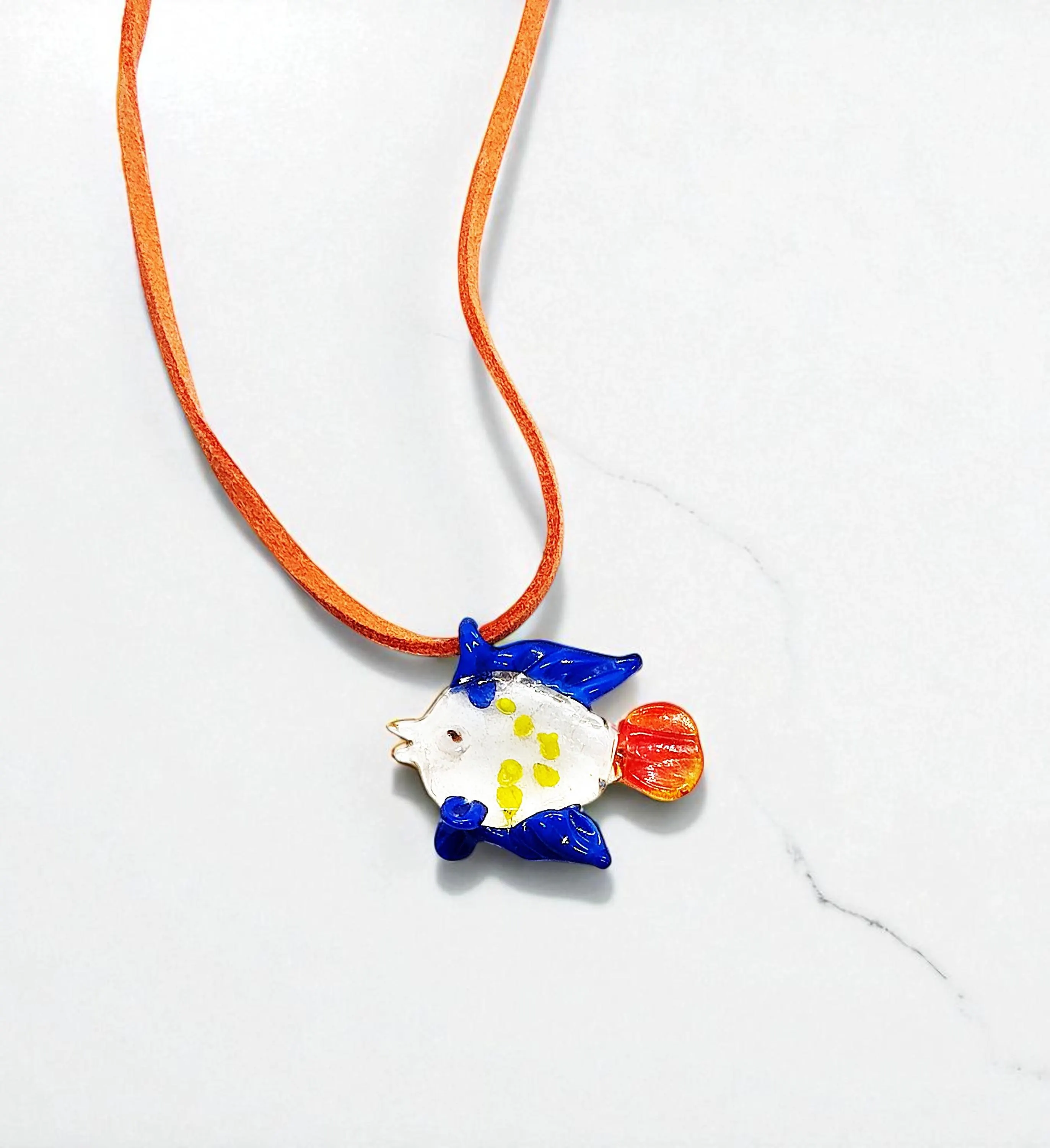 Glass Tropical Fish Pendant Orange Suede Cord Necklace