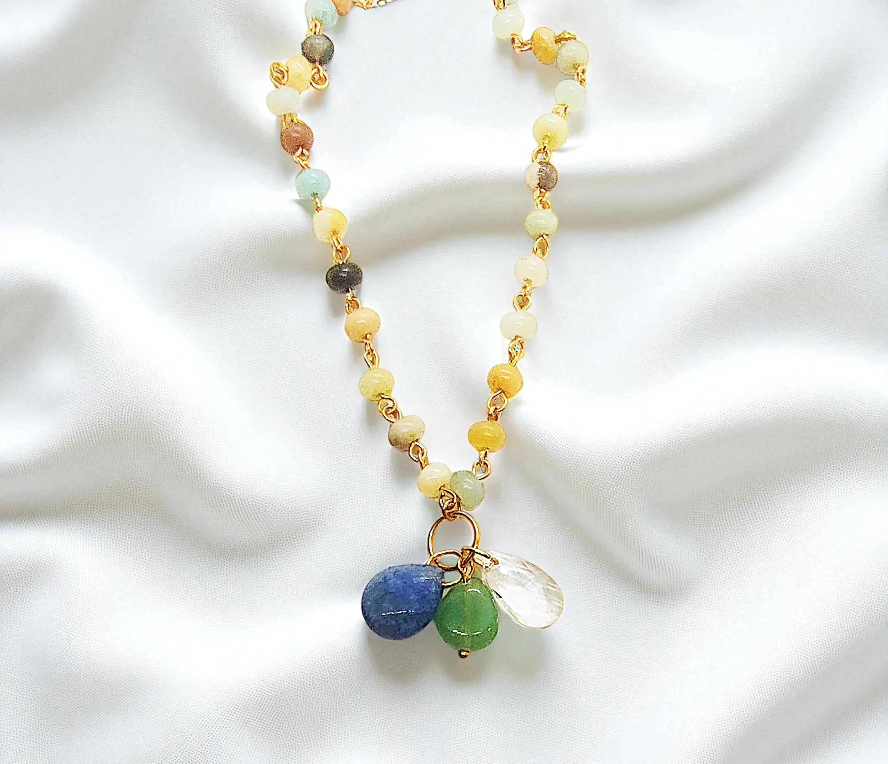 Amazonite Gemstone Beaded Necklace with Crystal & Gemstone Pendant 
