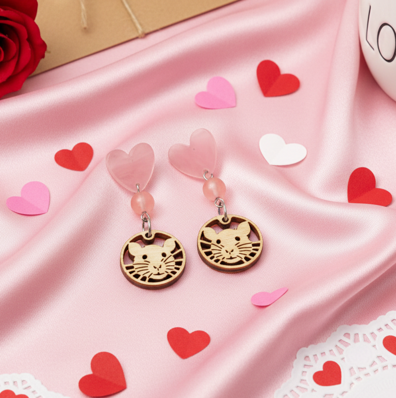 Cute Rat Face Wooden Charm & Pink Quartz Gemstone Post Heart Shaped Earrings