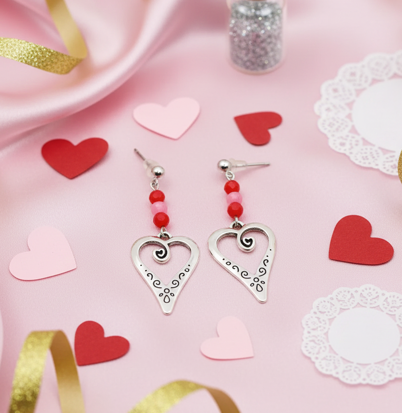 Handmade Decorative Heart & Gemstone Post Earrings 