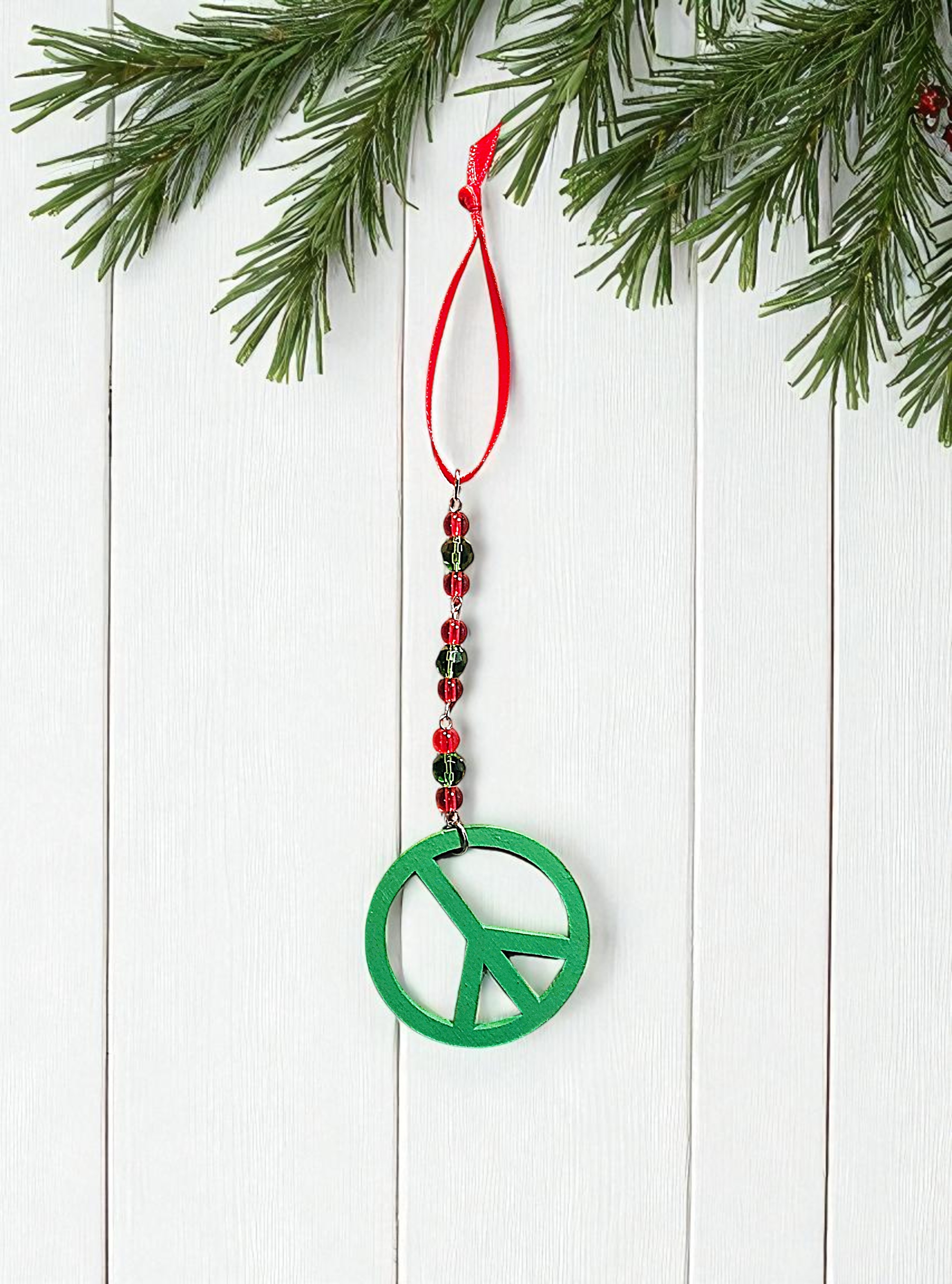 Wood Beaded Peace Sign Holiday Ornament