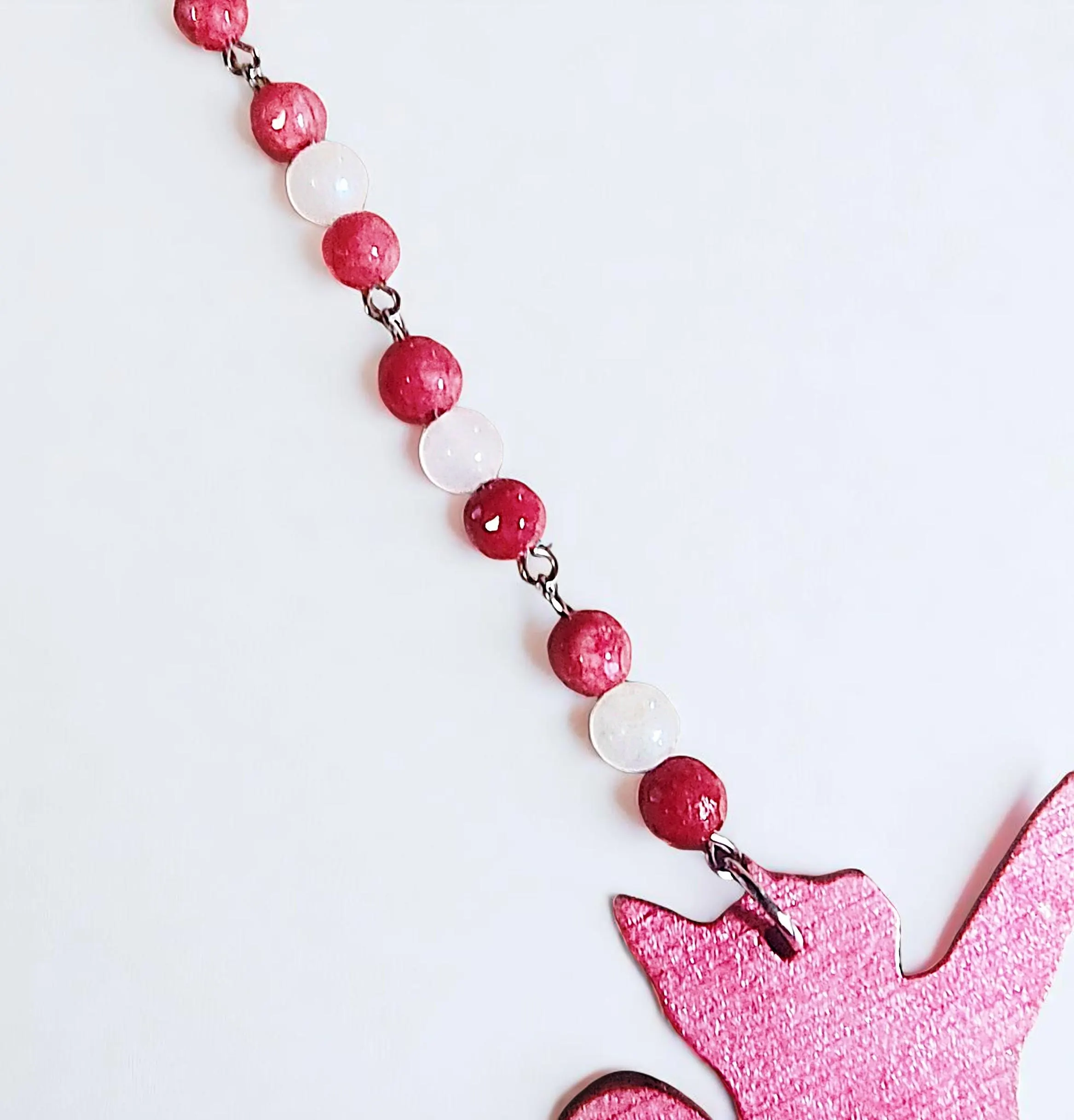 Pink Cat Angel and Beaded Gemstone Rearview Mirror Car Charm 