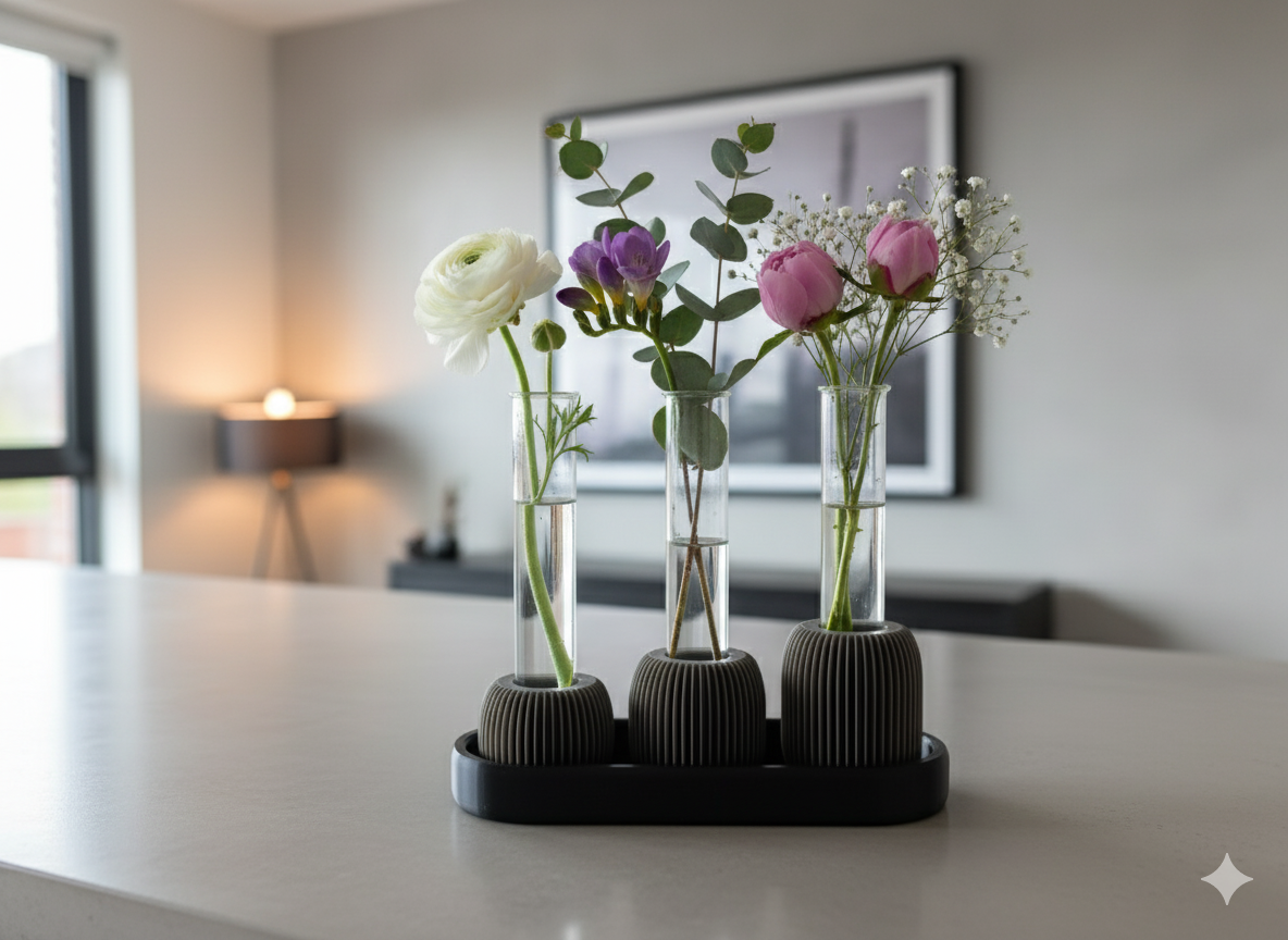 Minimalistinis Tryjų Vazonėlių Komplektas su Mėgintuvėliais