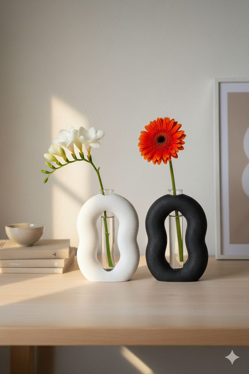 Moderni 3D spausdinta vaza su stiklo mėgintuvėliu