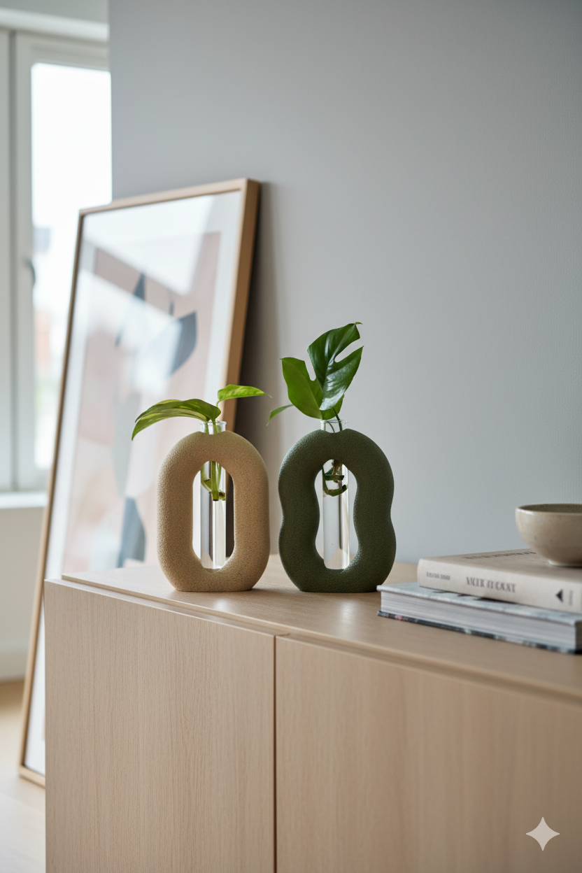 Moderni 3D spausdinta vaza su stiklo mėgintuvėliu