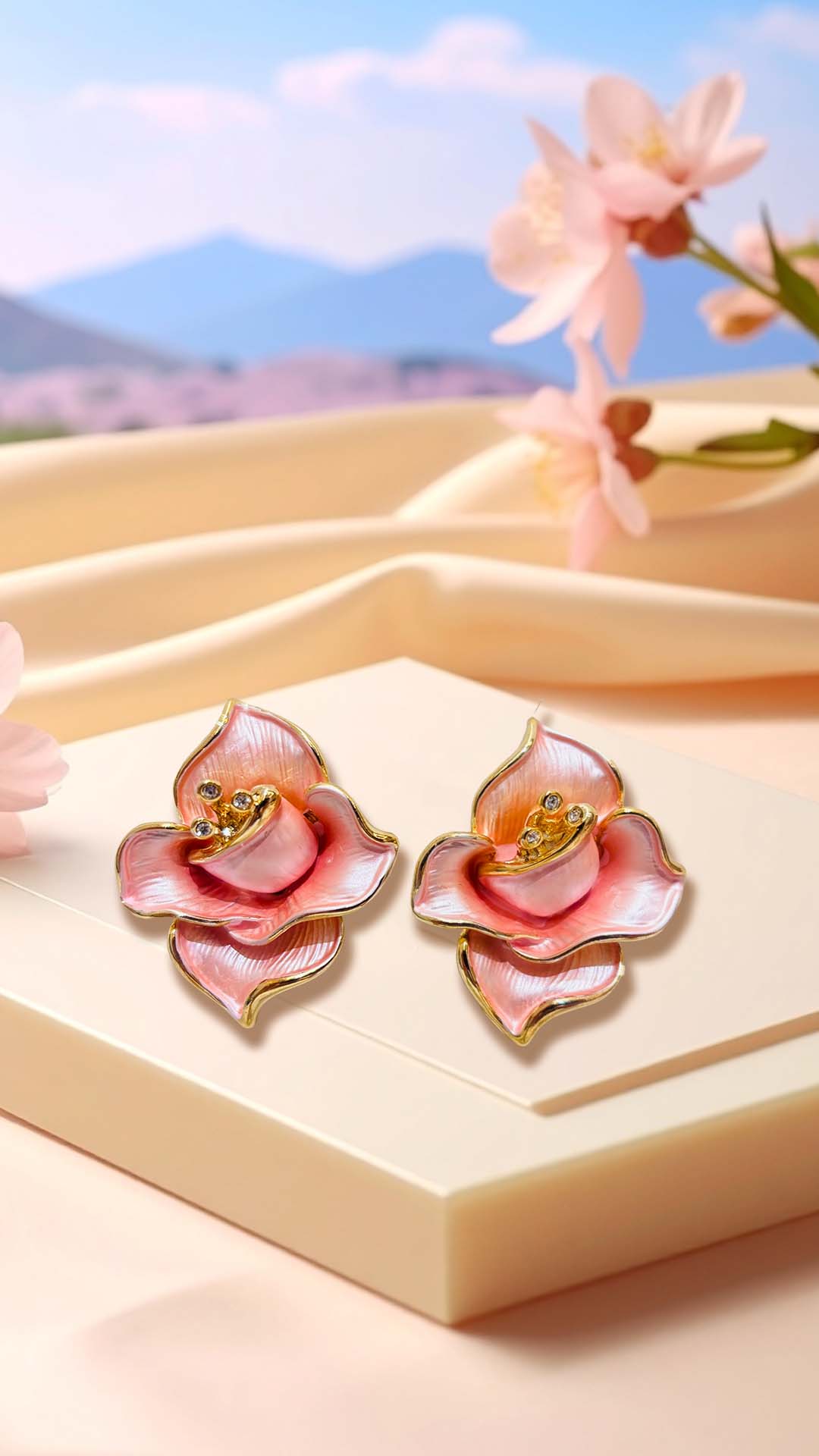Enamel Pink Rose Earrings
