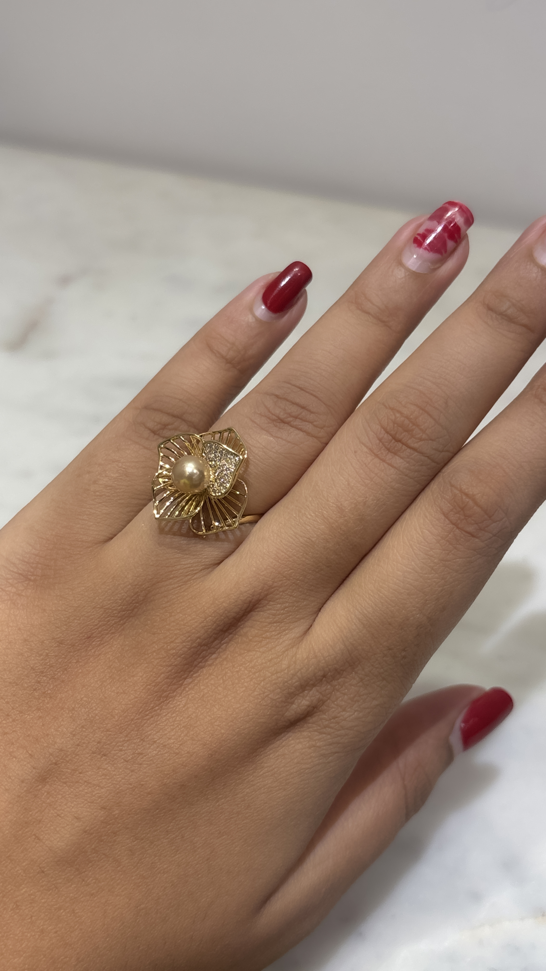 Adjustable Gold Flower Pearl Ring