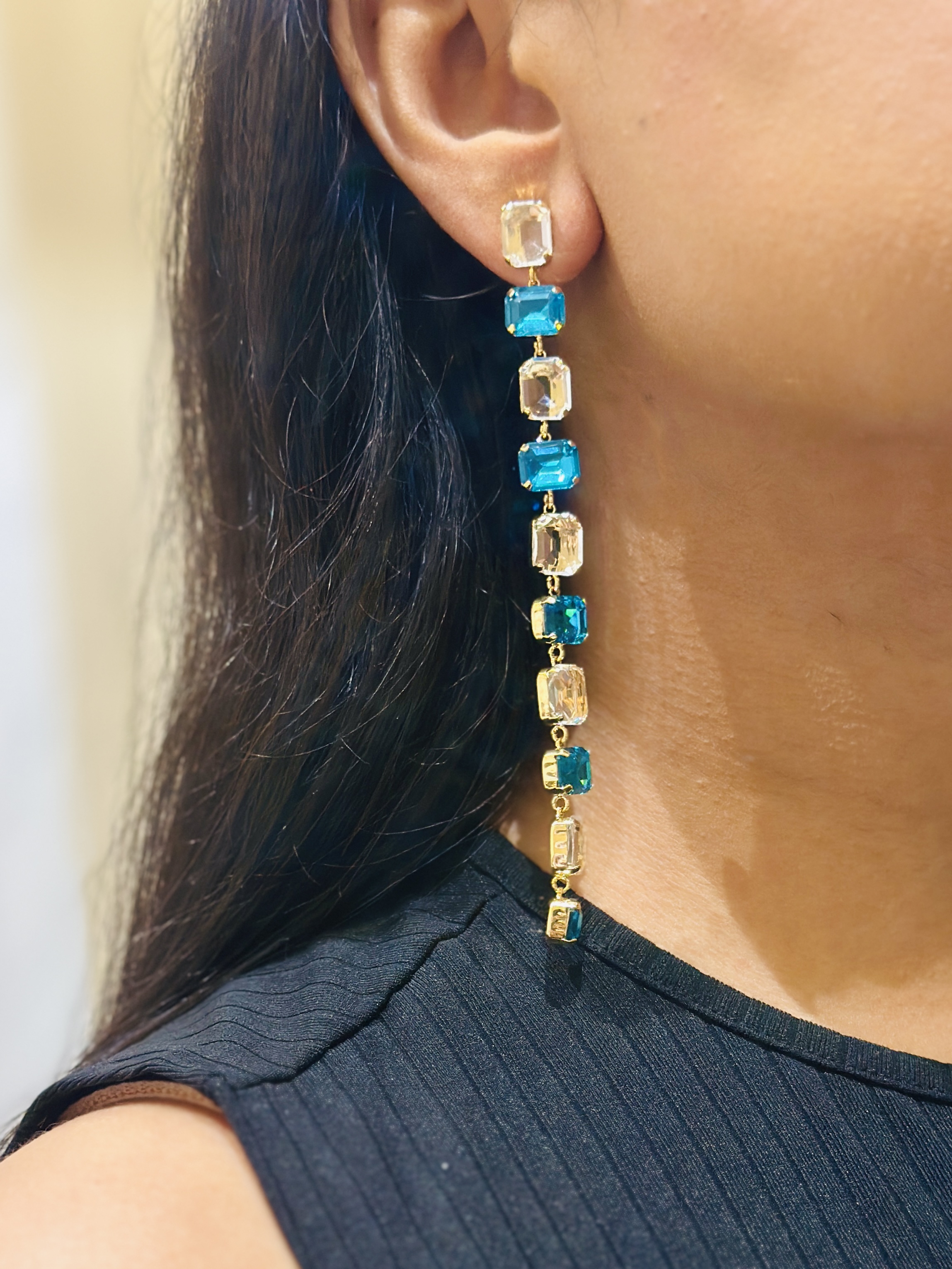 Gold and Blue Gemstone Drop Earrings