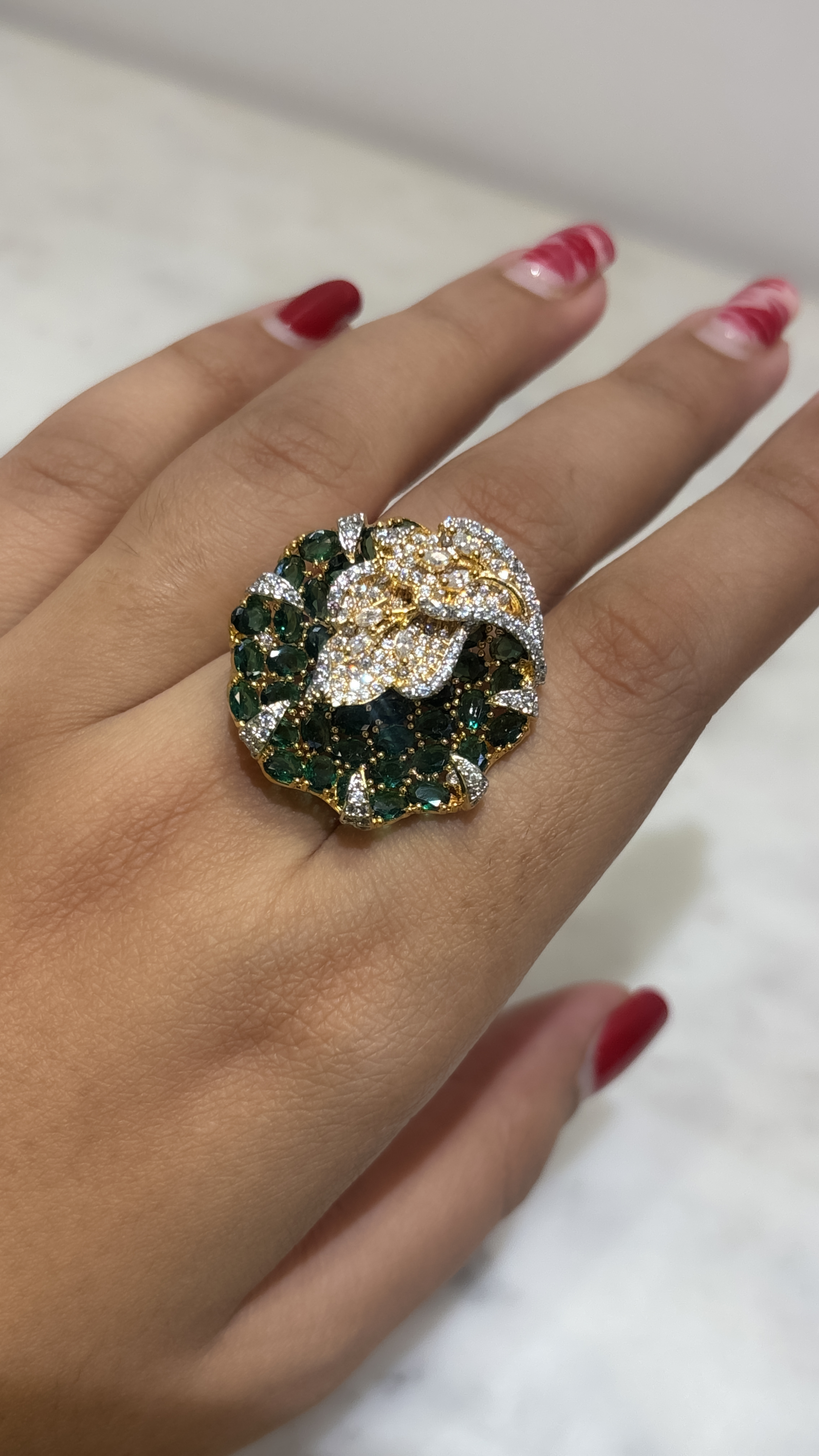 Elegant Green AD adjustable  Floral Ring