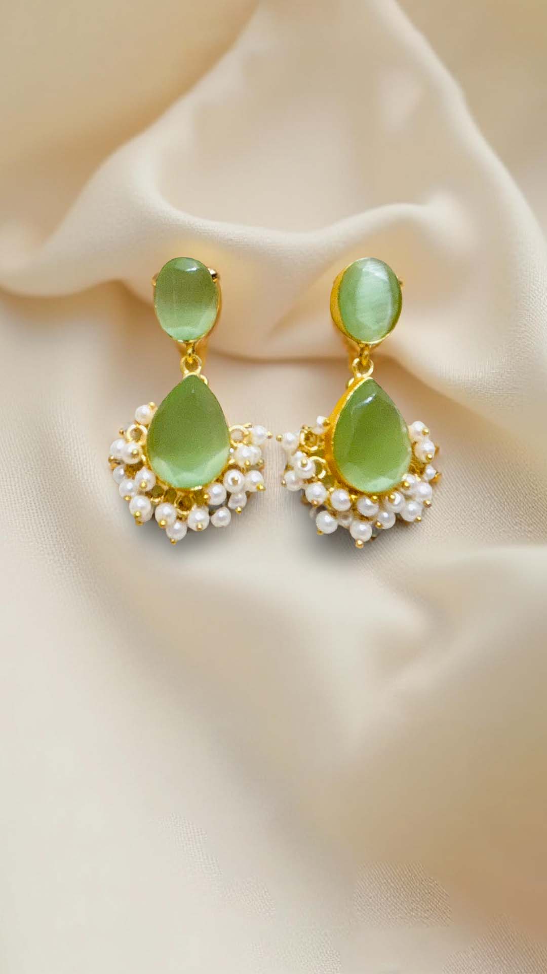 Elegant Green Stone Pearl Earrings