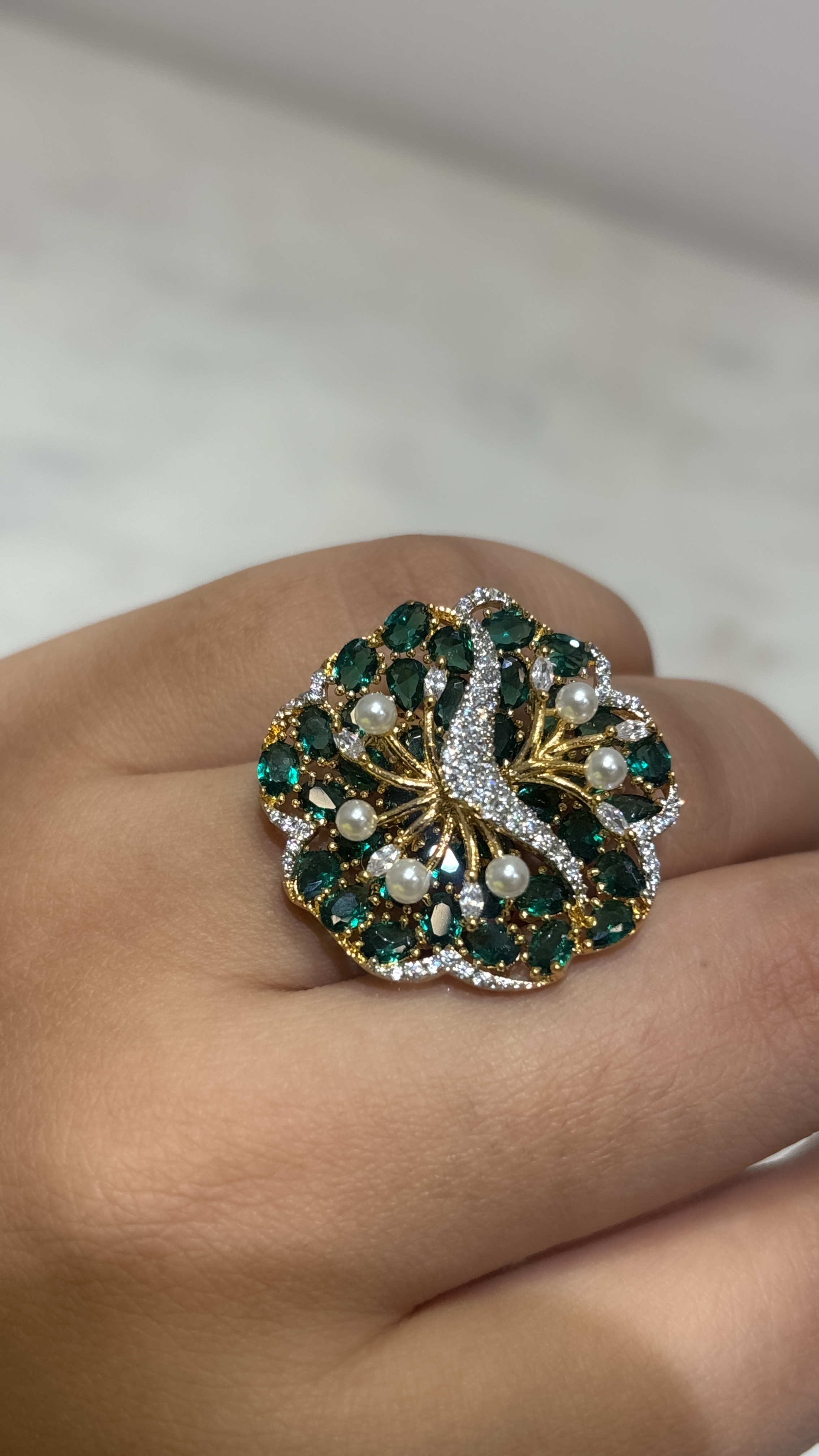 Peacock-Inspired Statement AD adjustable Ring