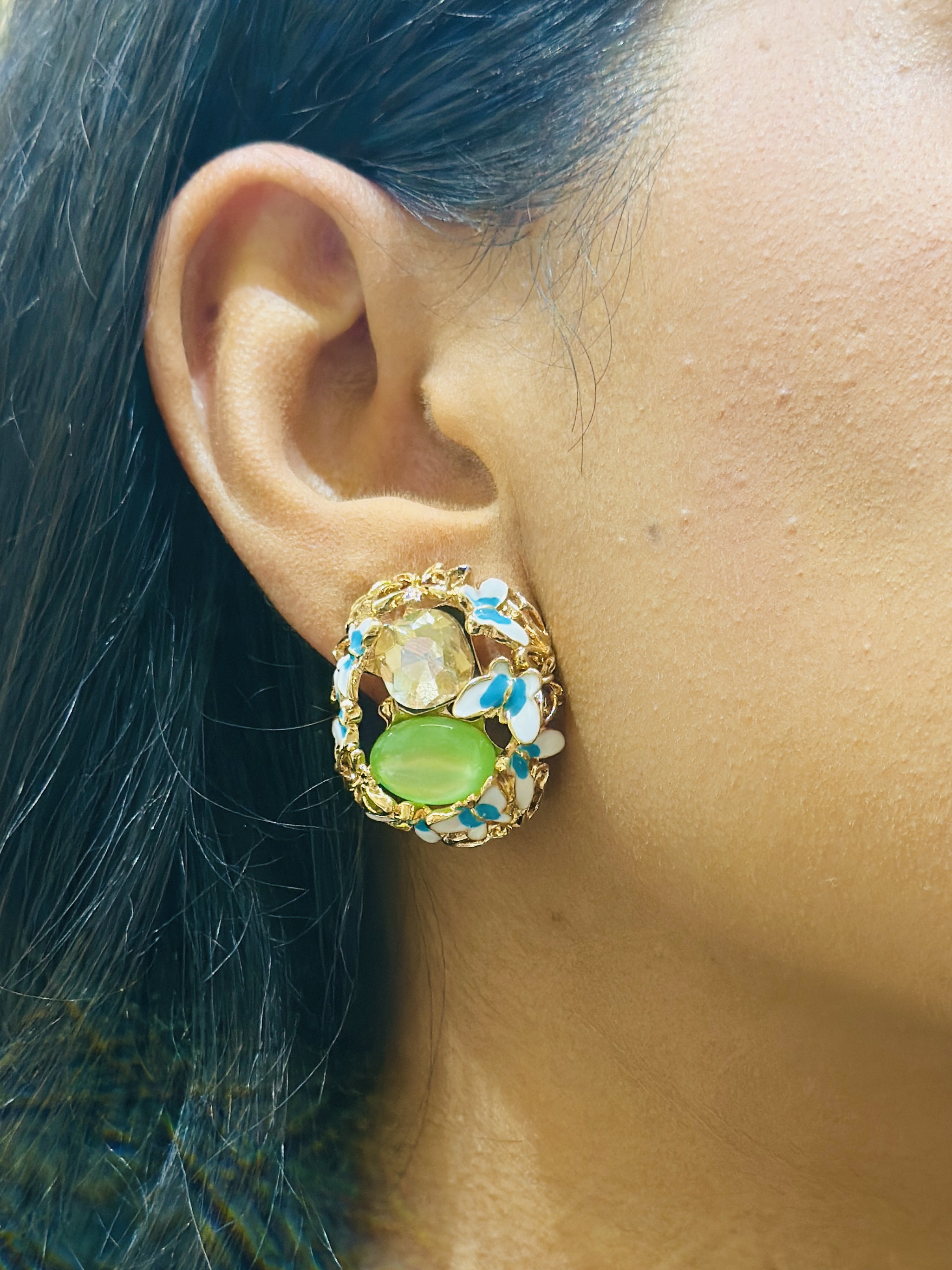 Green Gemstone enamel Stud Earrings