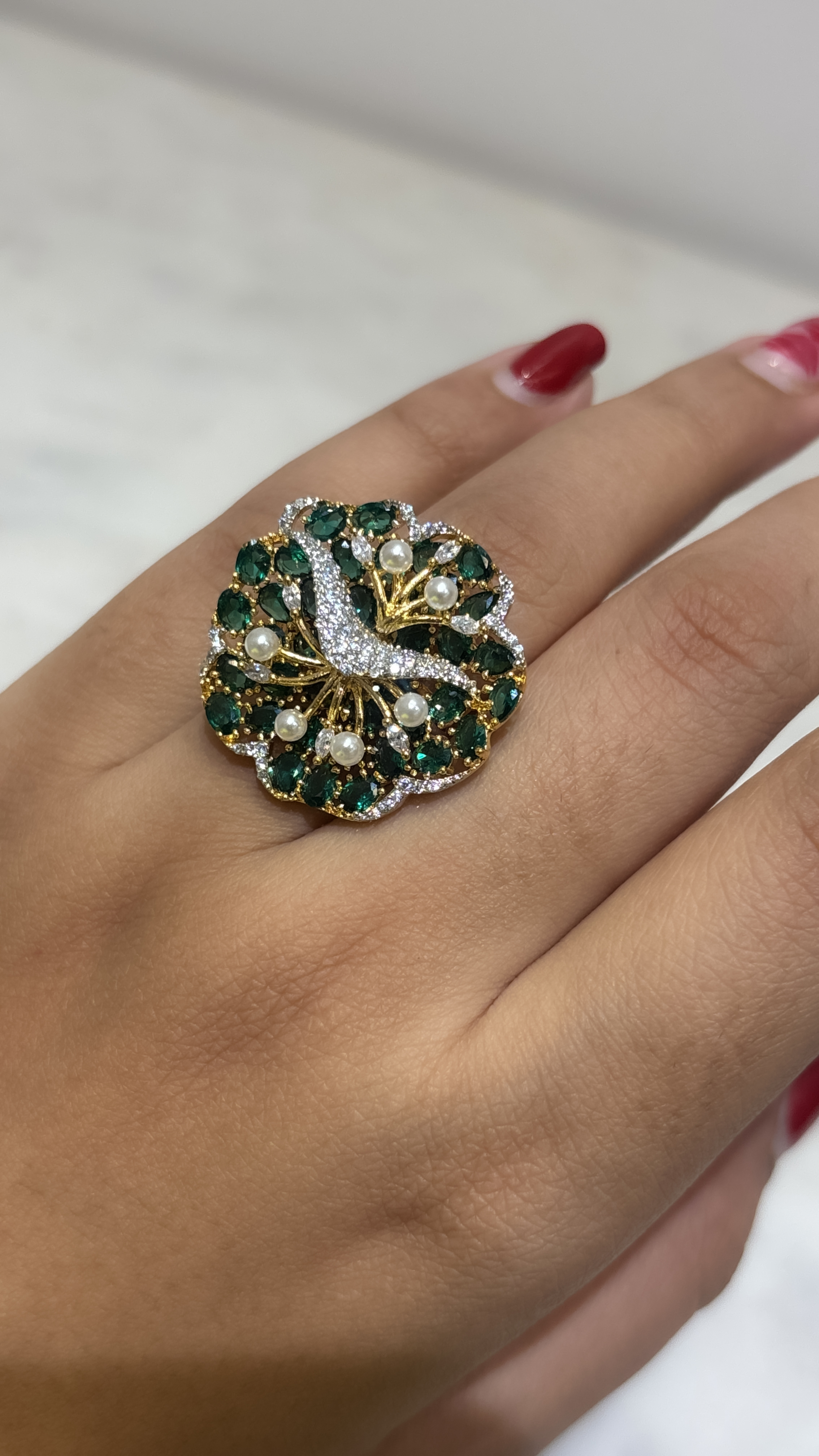 Peacock-Inspired Statement AD adjustable Ring