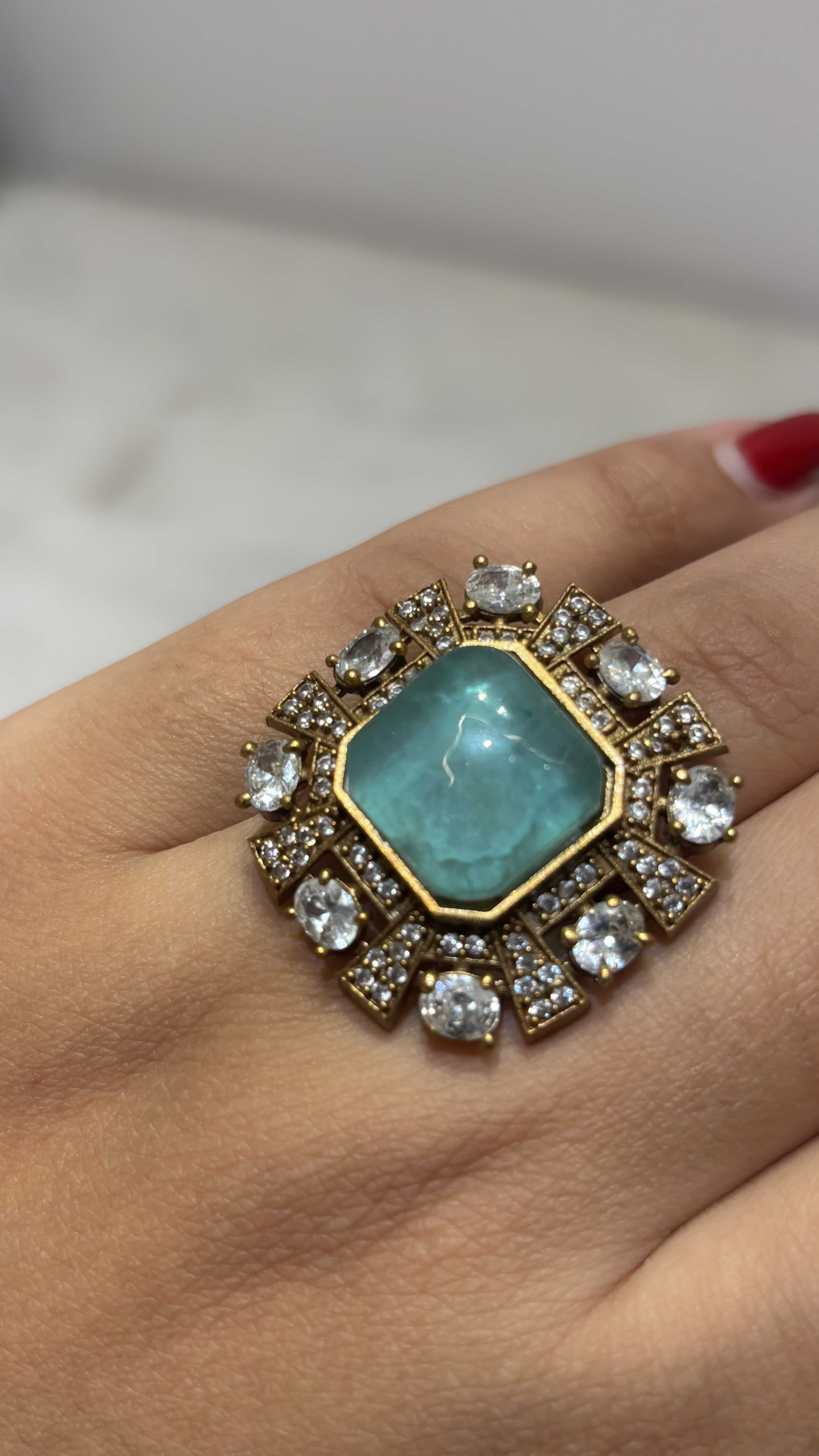 Elegant Blue Gemstone Statement AD adjustable Ring