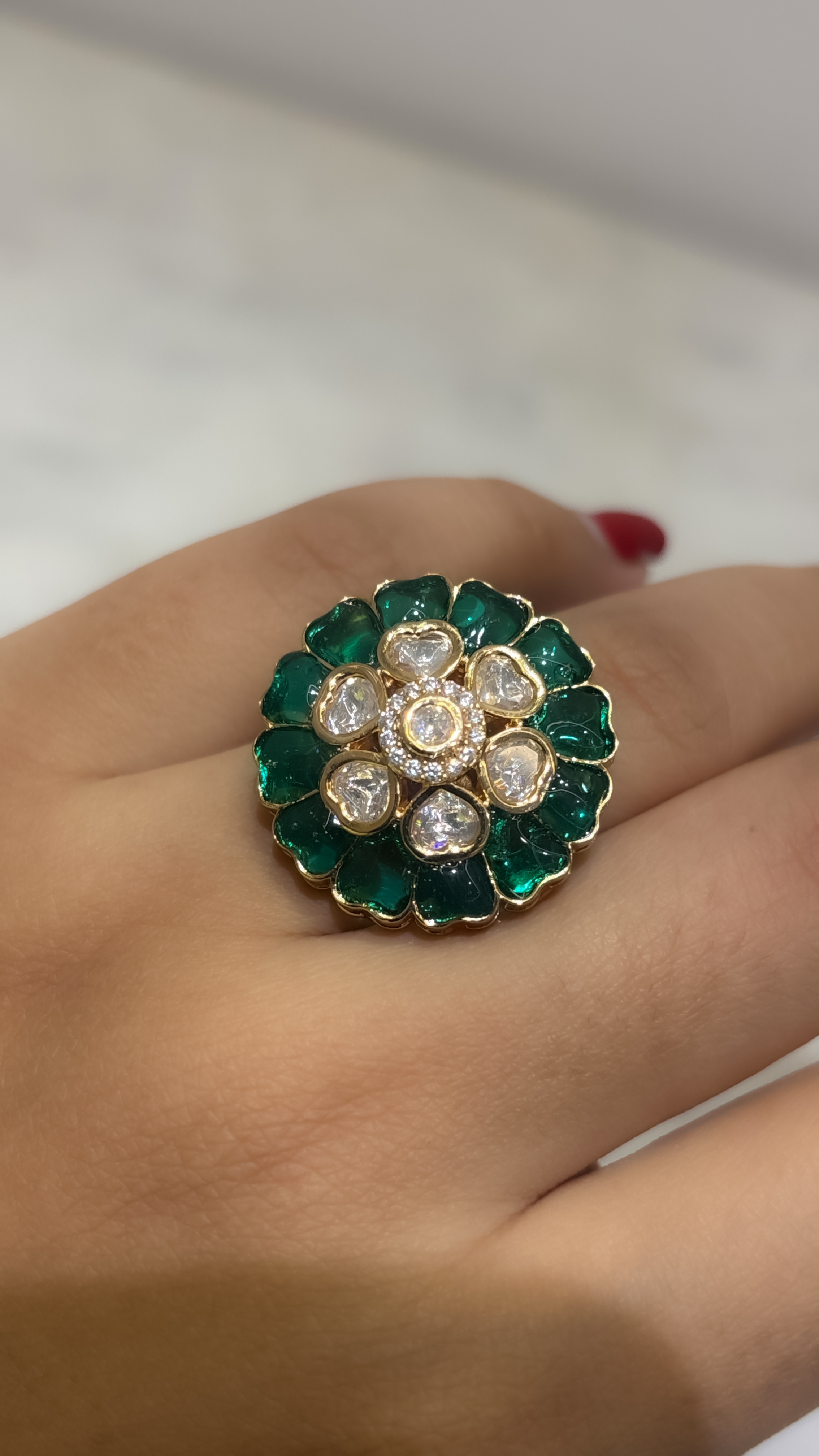 Emerald Floral Statement AD adjustable Ring