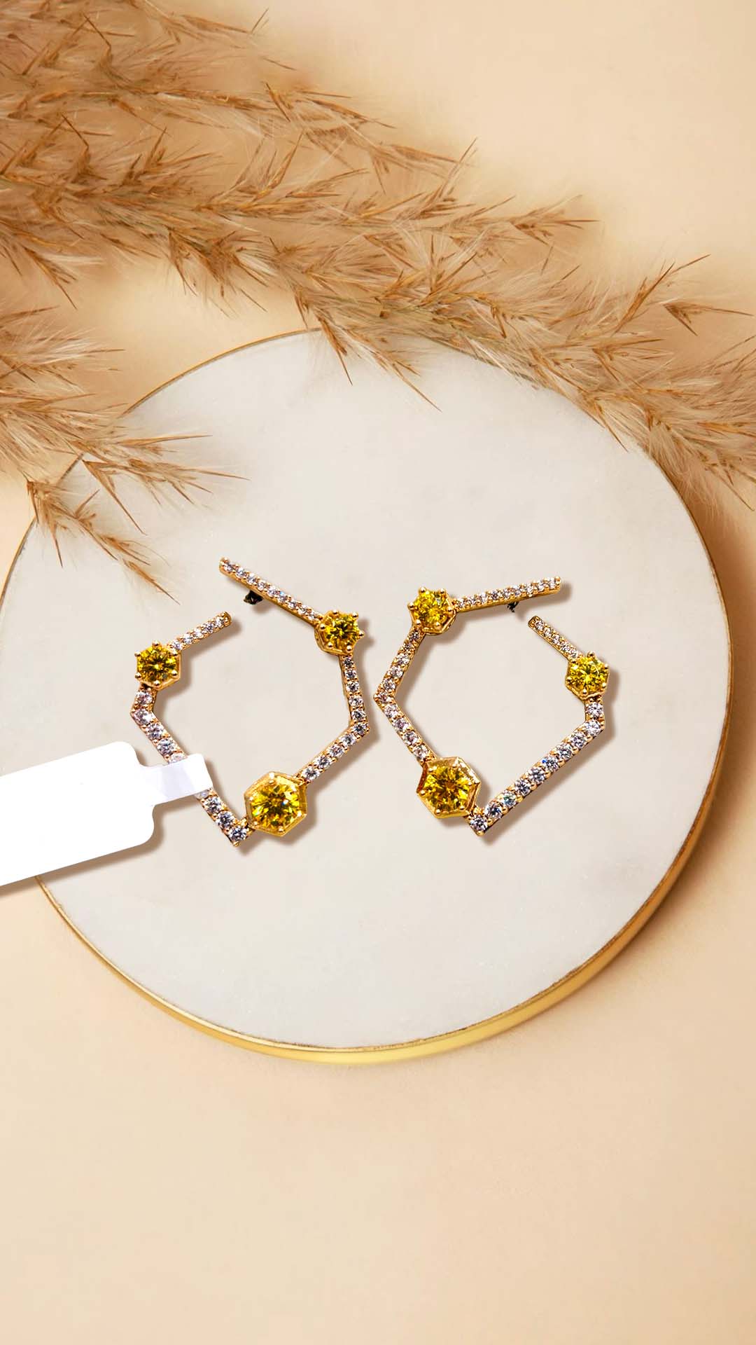 Hexagonal Hoop Earrings with Yellow Gemstones