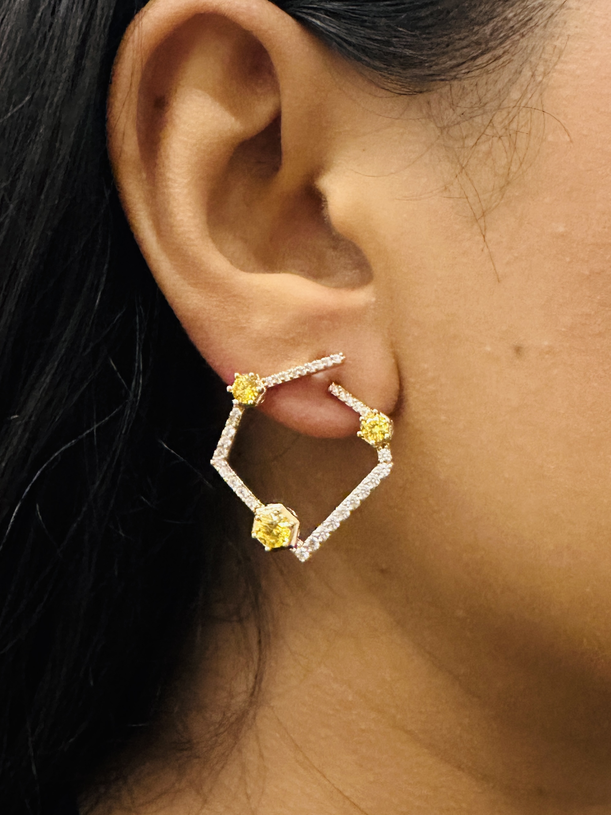 Hexagonal Hoop Earrings with Yellow Gemstones
